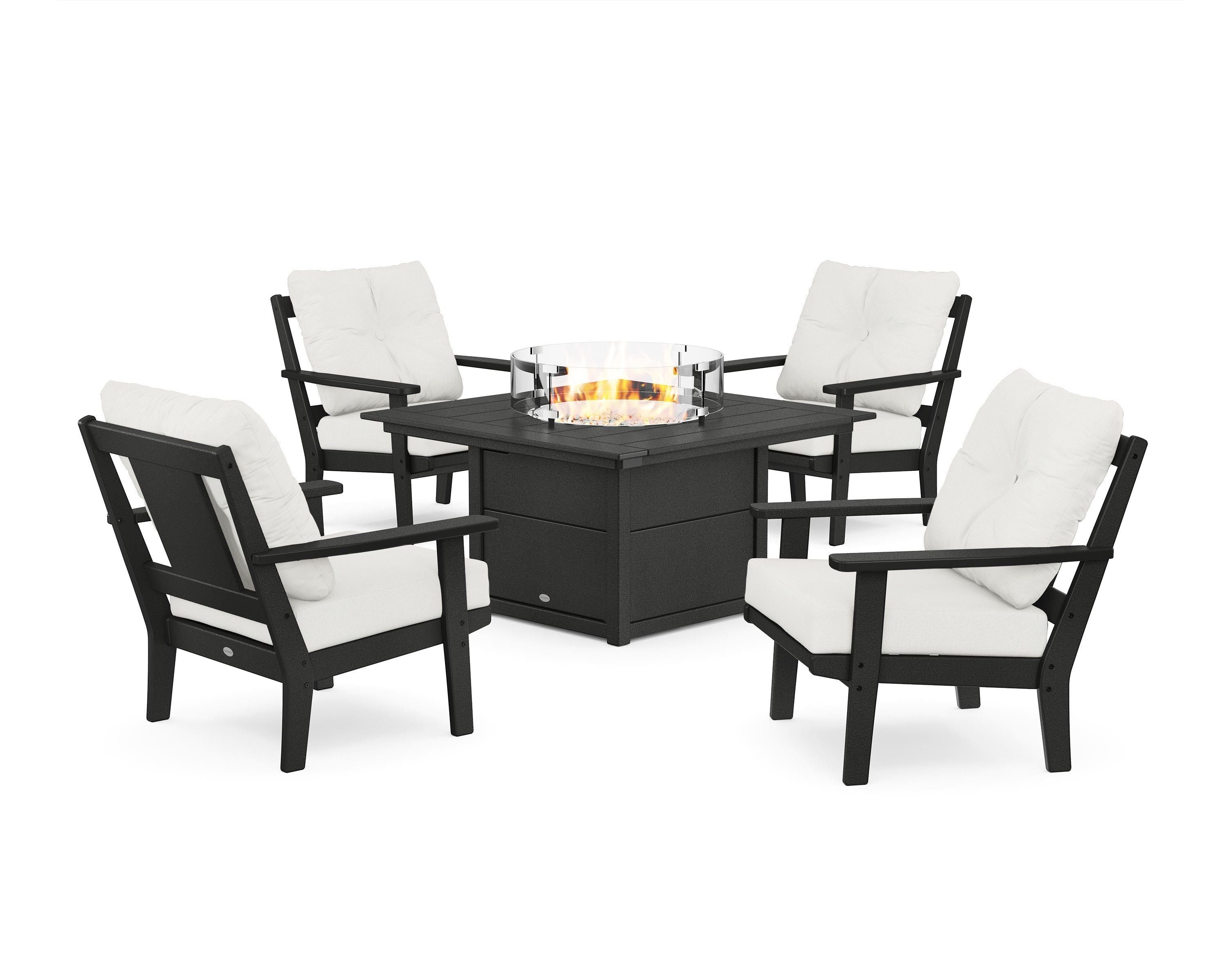POLYWOOD® Prairie 5-Piece Deep Seating Set with Fire Pit Table in Black / Natural Linen
