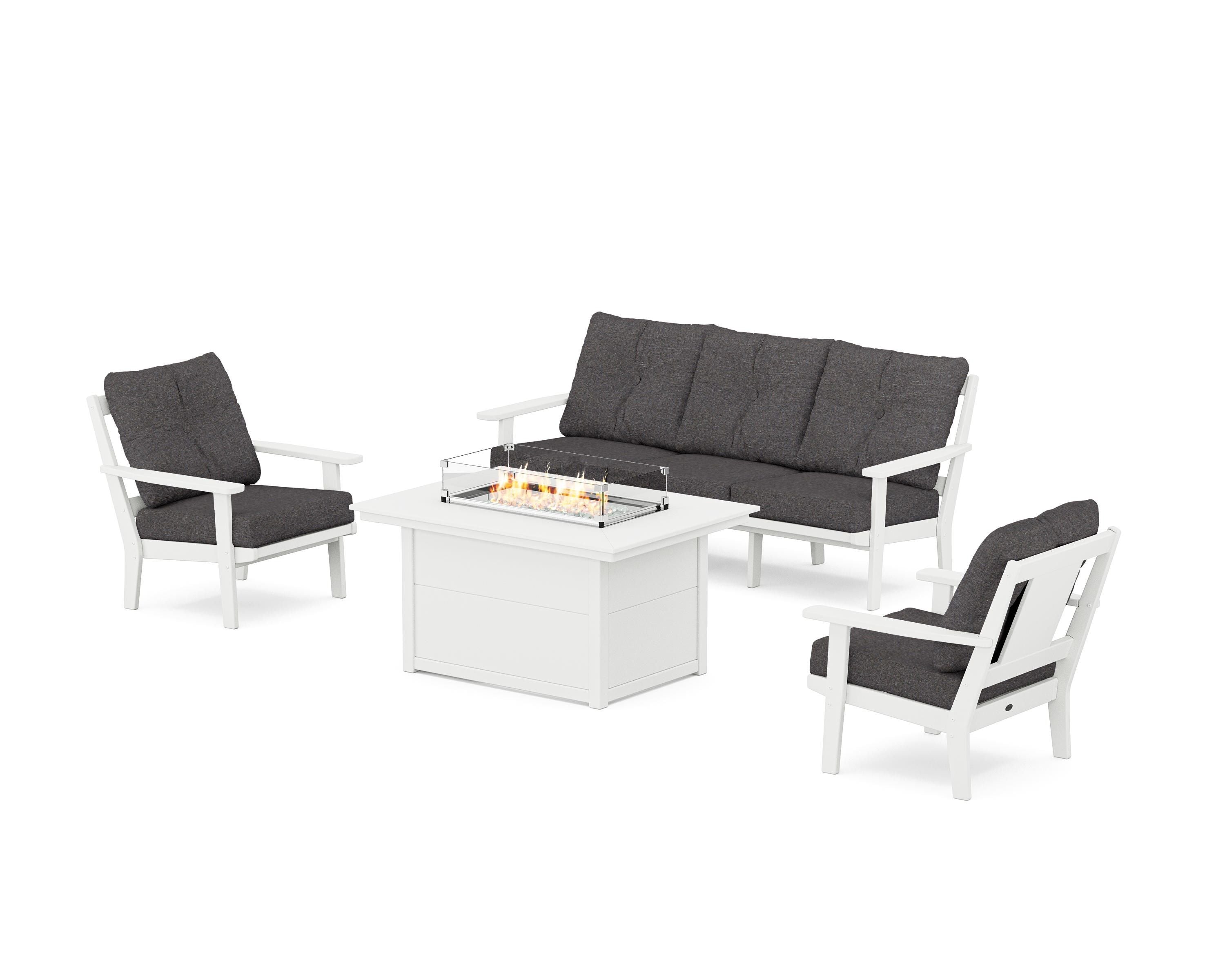 POLYWOOD® Prairie Deep Seating Fire Pit Table Set in White / Ash Charcoal