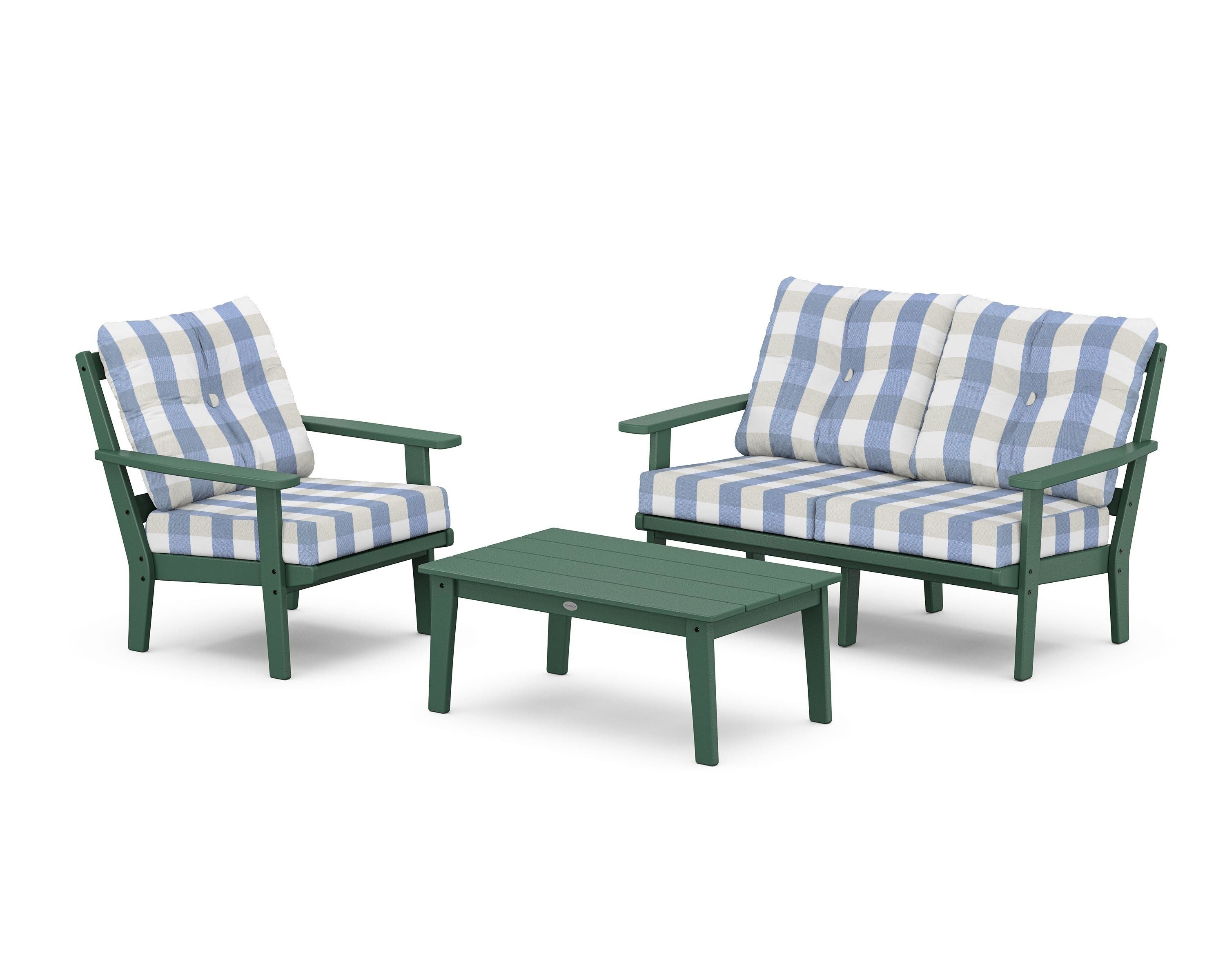 POLYWOOD® Oxford 3-Piece Deep Seating Set with Loveseat in Green / Buffalo Plaid Sky Blue