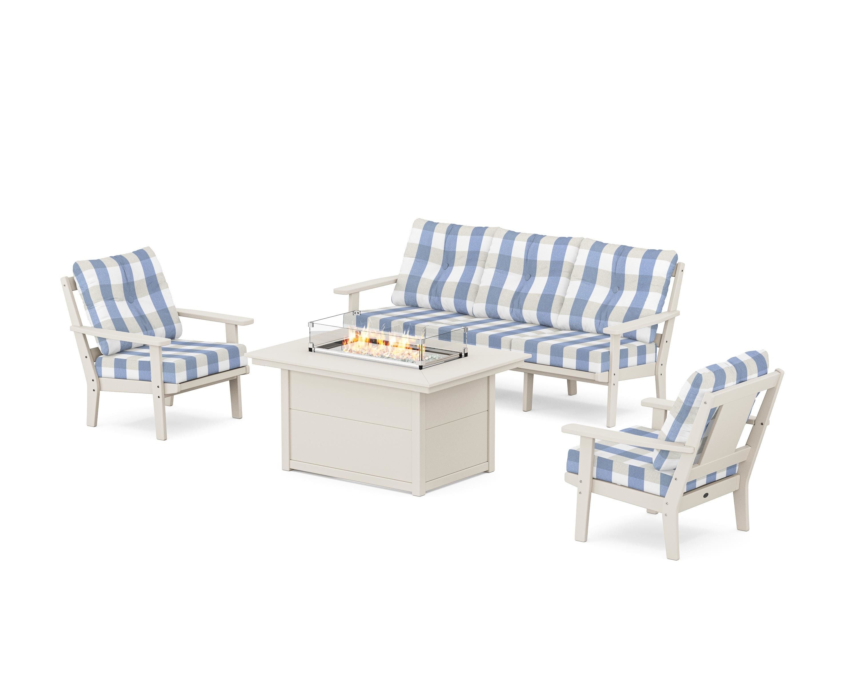 POLYWOOD® Prairie Deep Seating Fire Pit Table Set in Sand / Buffalo Plaid Sky Blue