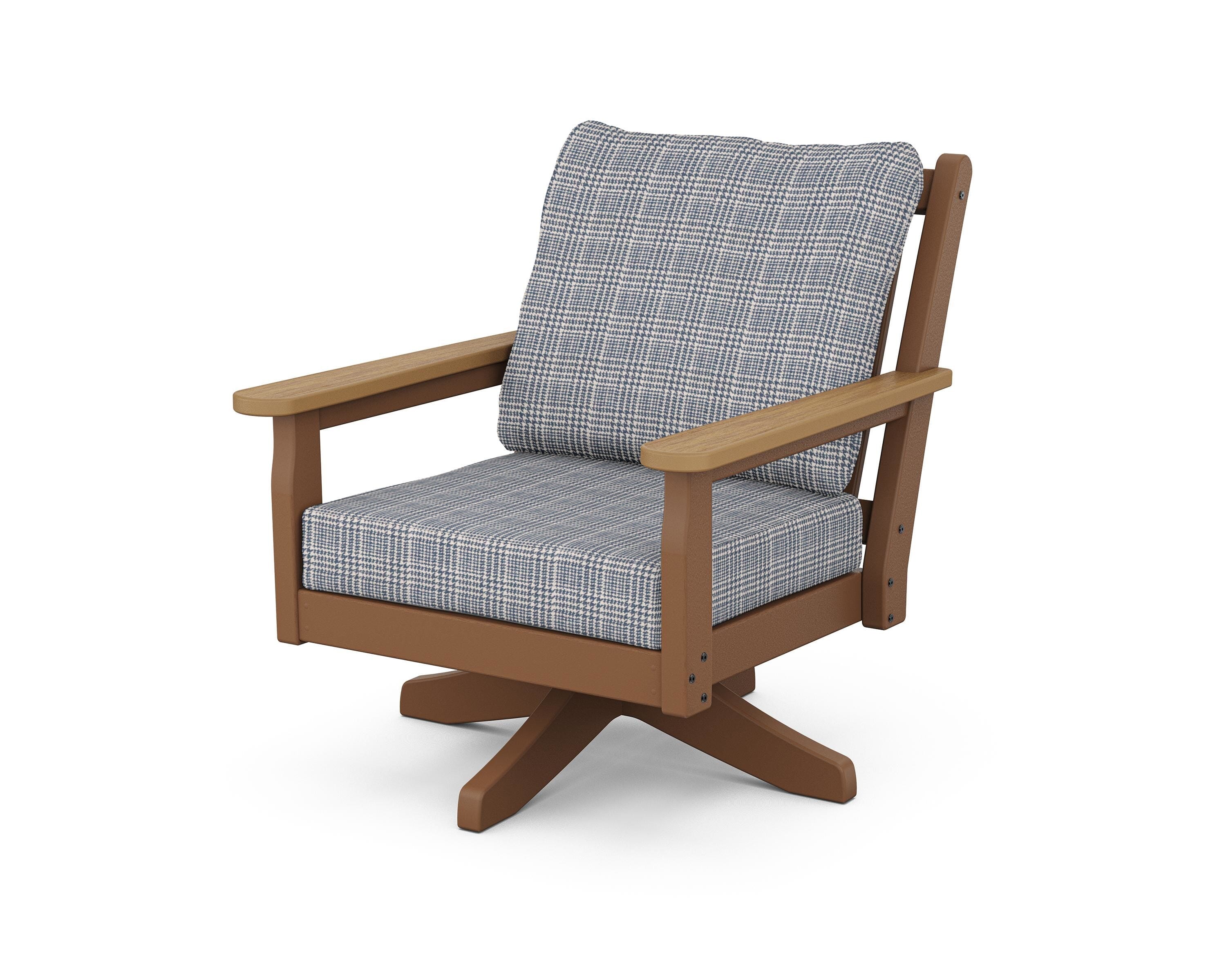 POLYWOOD® Chippendale Deep Seating Swivel Chair in Teak / Natural / Houndstooth Sky Blue