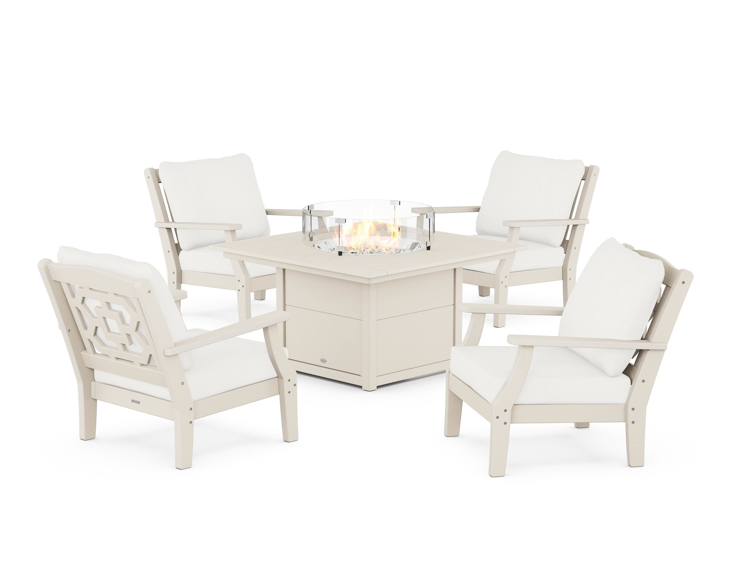 Martha Stewart by POLYWOOD® Chinoiserie 5-Piece Deep Seating Set with Fire Pit Table in Sand / Natural Linen