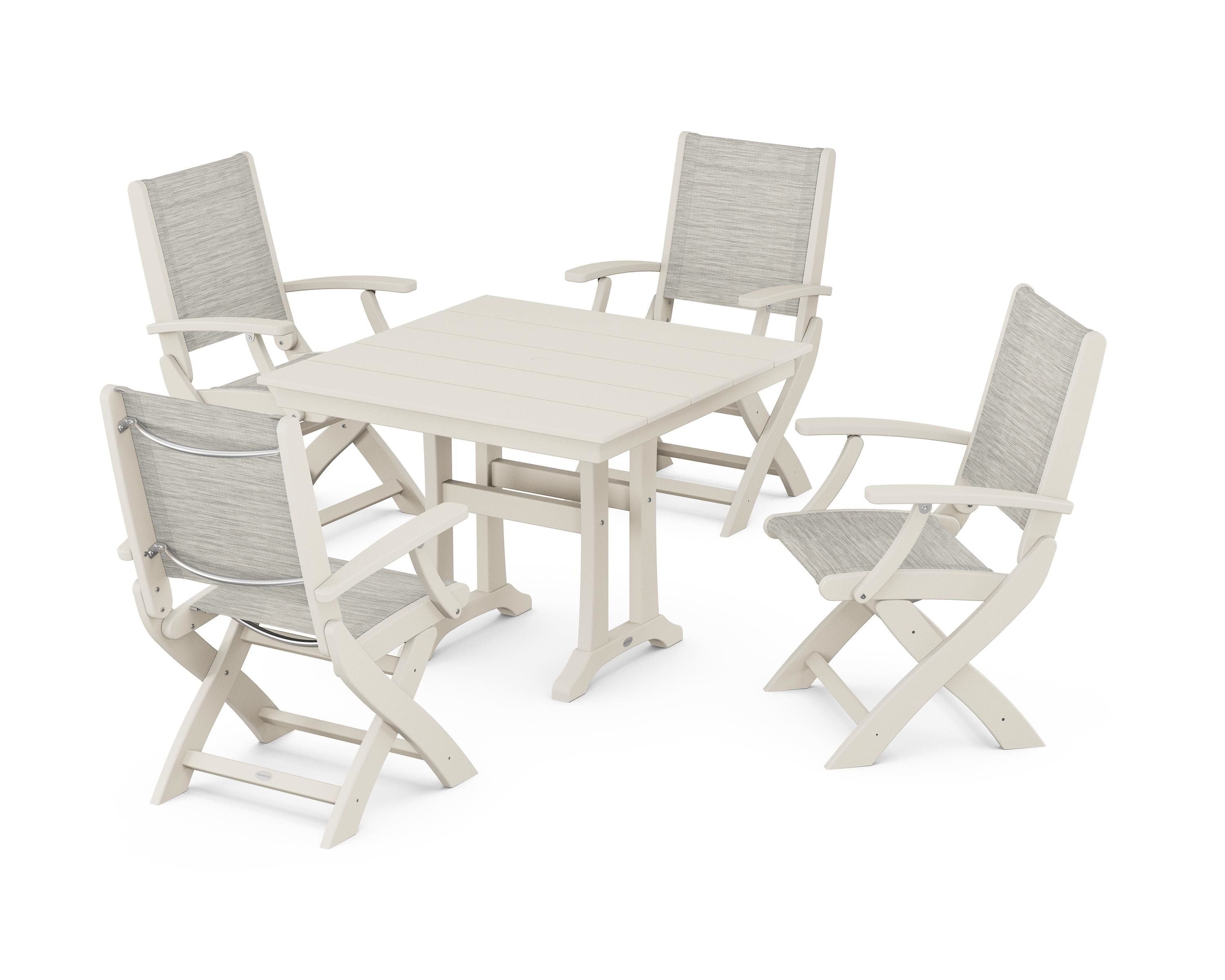POLYWOOD® Coastal Folding Chair 5-Piece Farmhouse Dining Set With Trestle Legs in Sand / Birch Sling