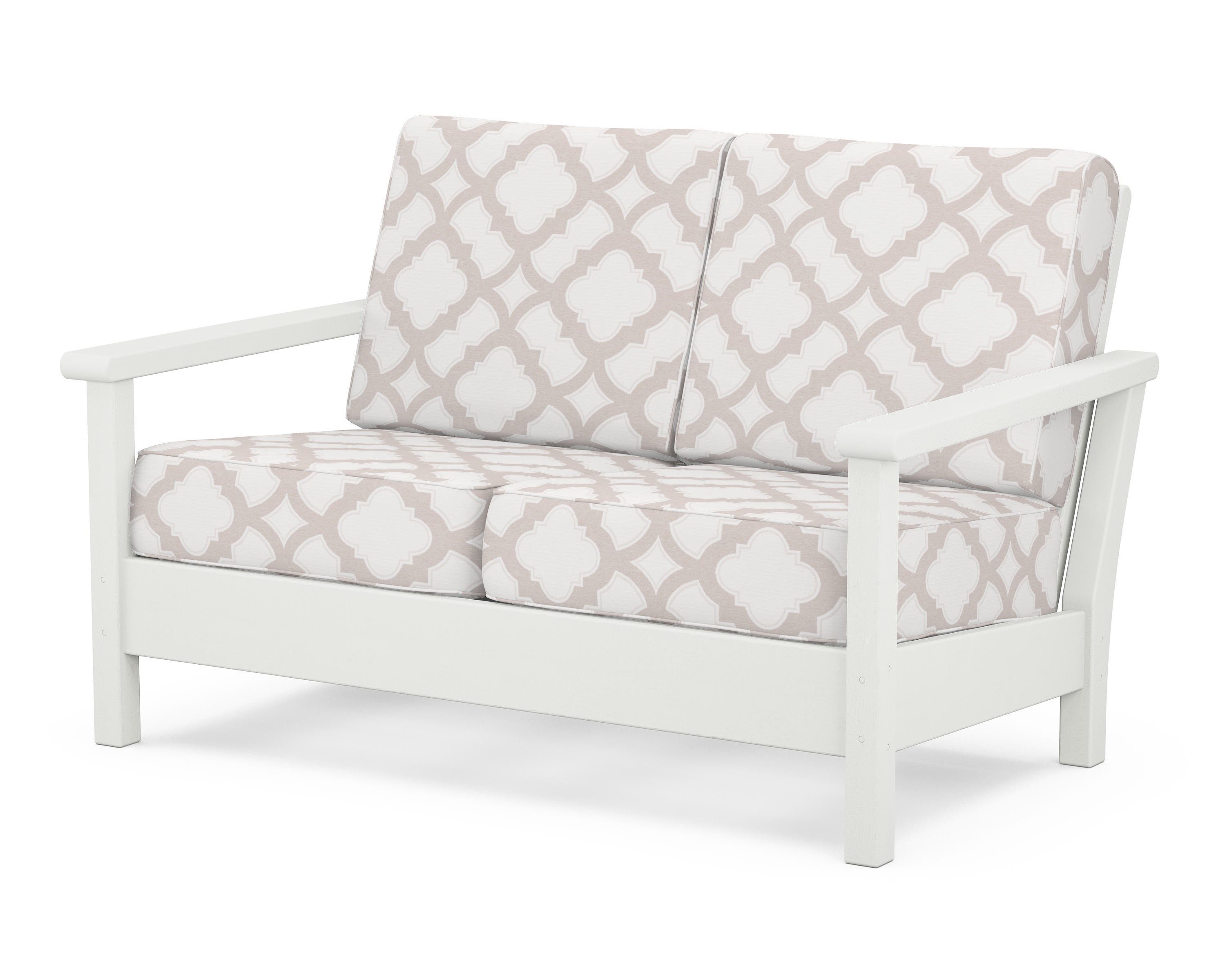 POLYWOOD® Harbour Deep Seating Loveseat in Vintage White / Trellis Dune Burlap