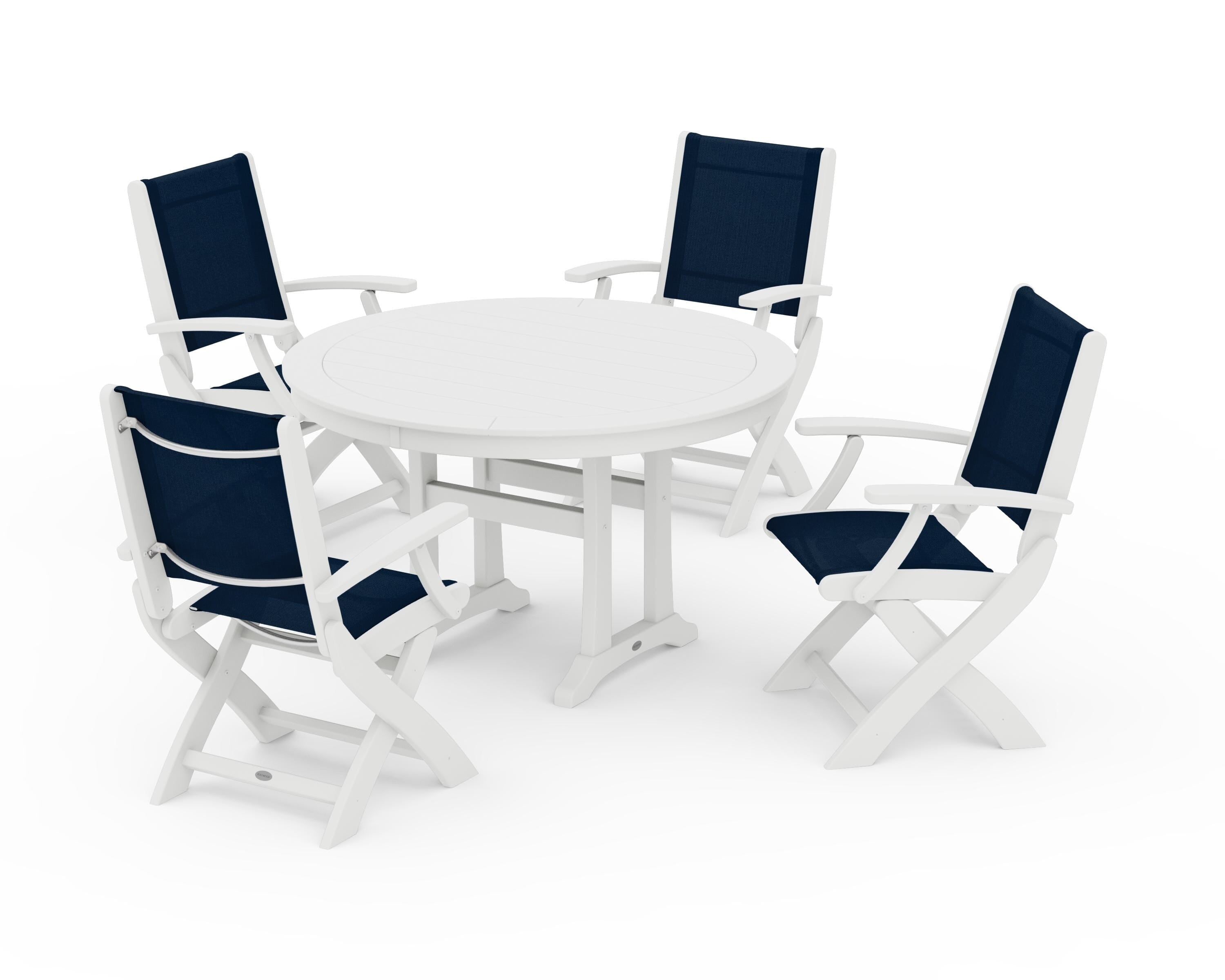 POLYWOOD® Coastal Folding Chair 5-Piece Round Dining Set with Trestle Legs in White / Navy Blue Sling