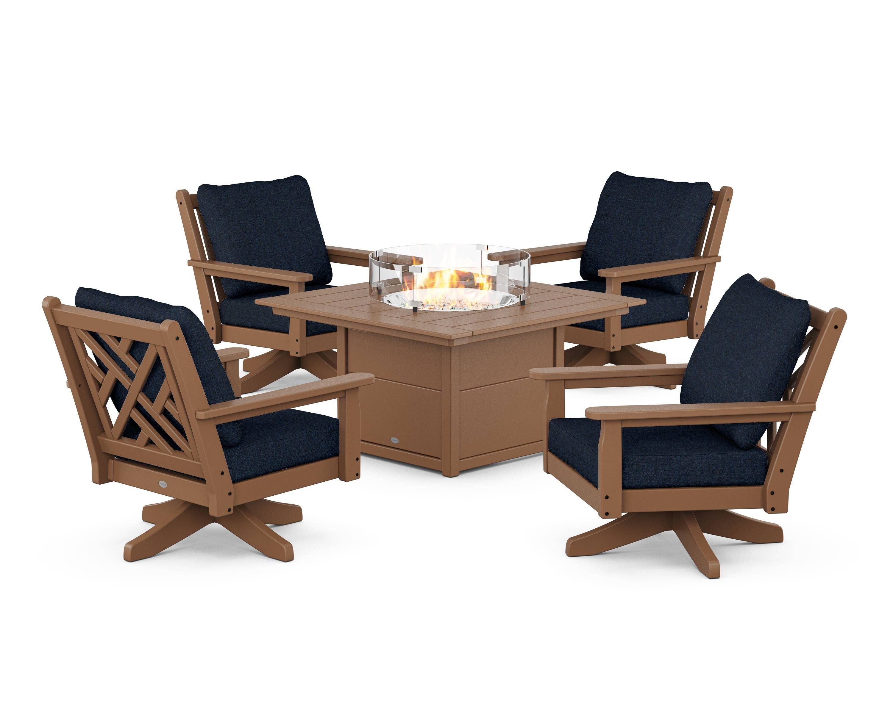 POLYWOOD® Chippendale 5-Piece Deep Seating Swivel Conversation Set with Fire Pit Table in Teak / Marine Indigo