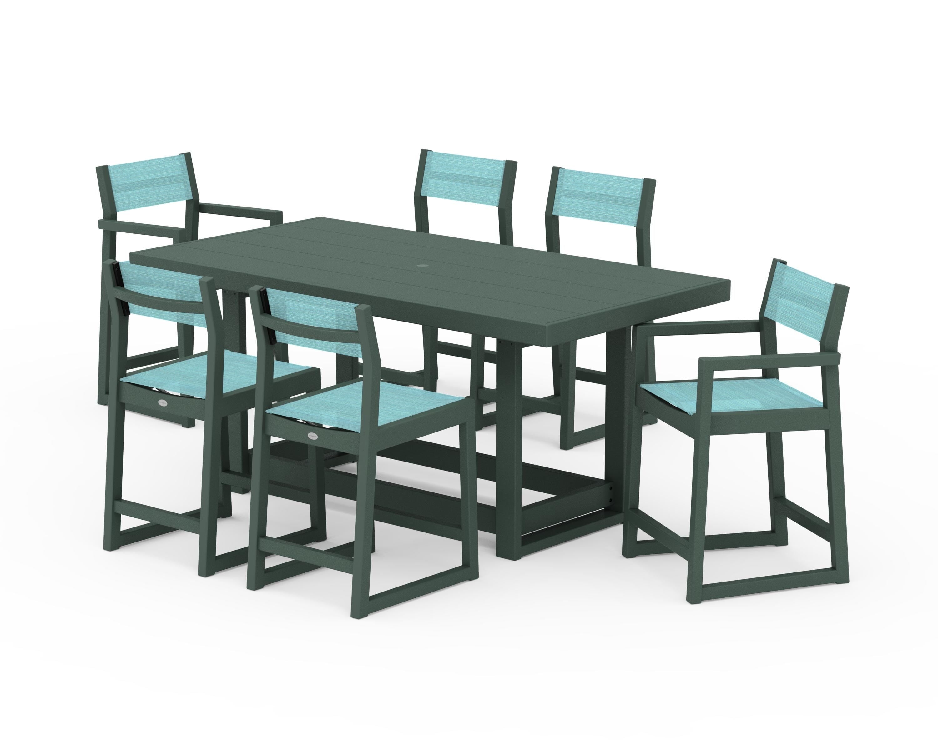 POLYWOOD® EDGE Sling 7-Piece Counter Table Set in Green / Dupioni Aquamarine Sling