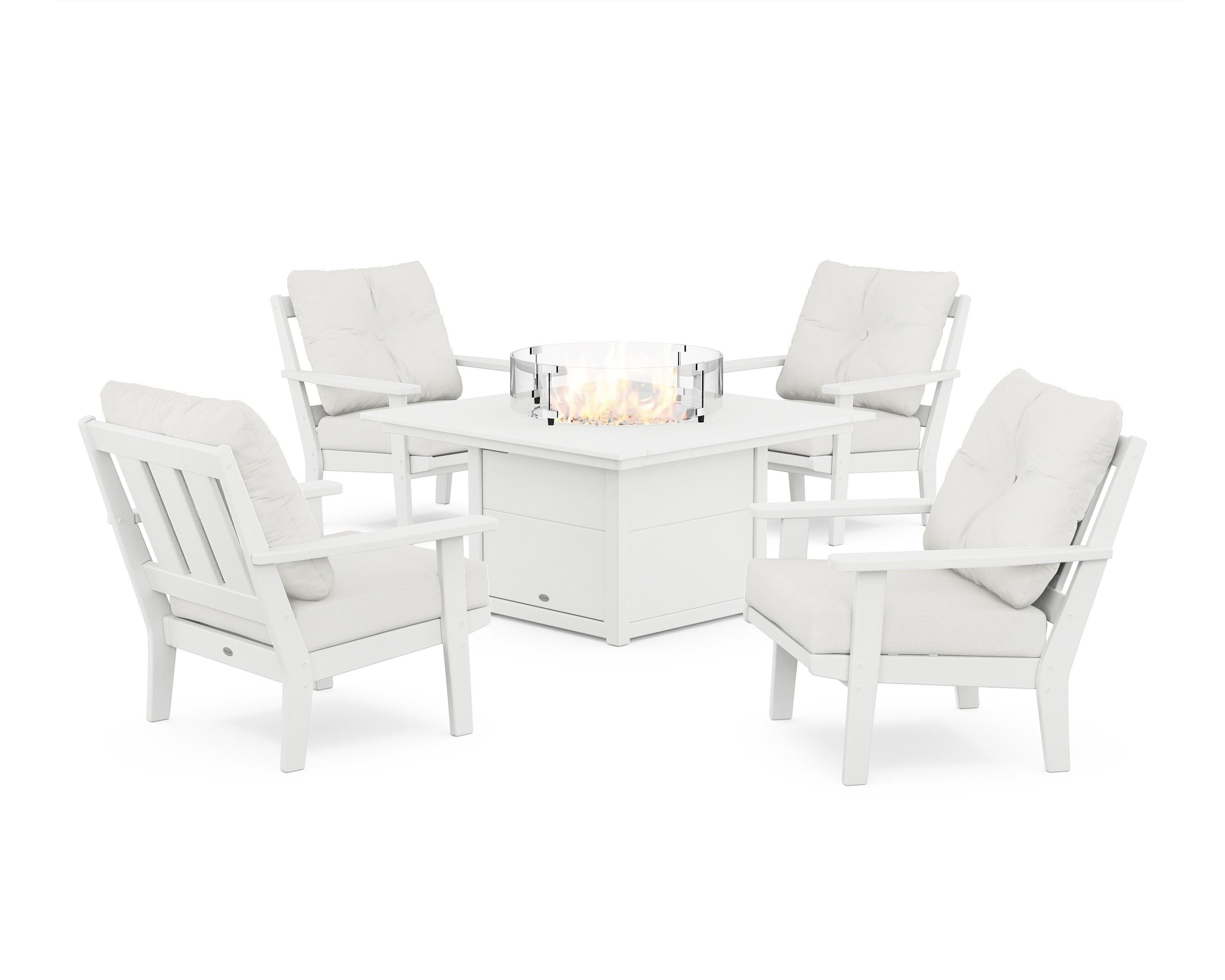 POLYWOOD® Oxford 5-Piece Deep Seating Set with Fire Pit Table in White / Natural Linen