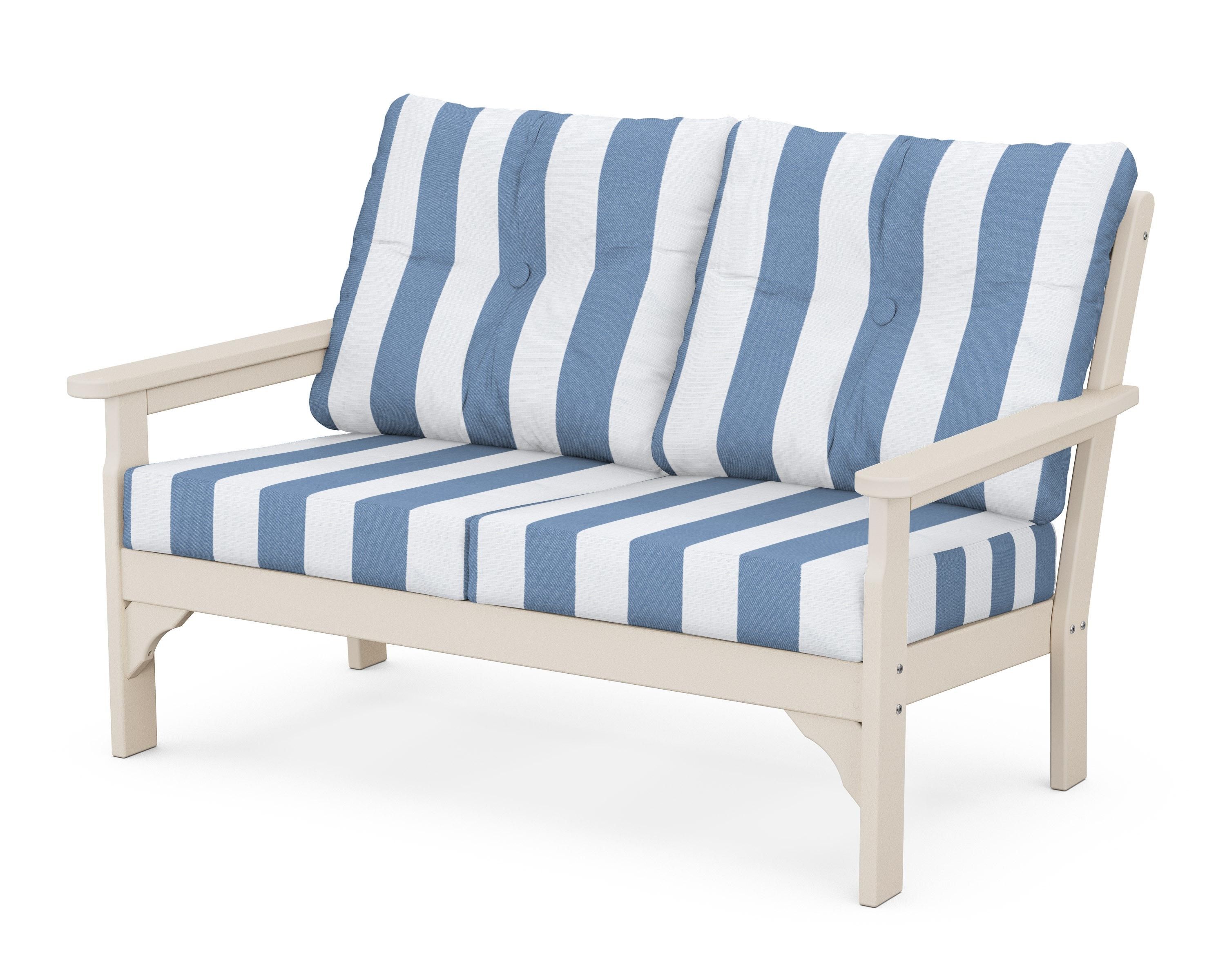 POLYWOOD® Vineyard Deep Seating Loveseat in Sand / Cabana Stripe Sky Blue