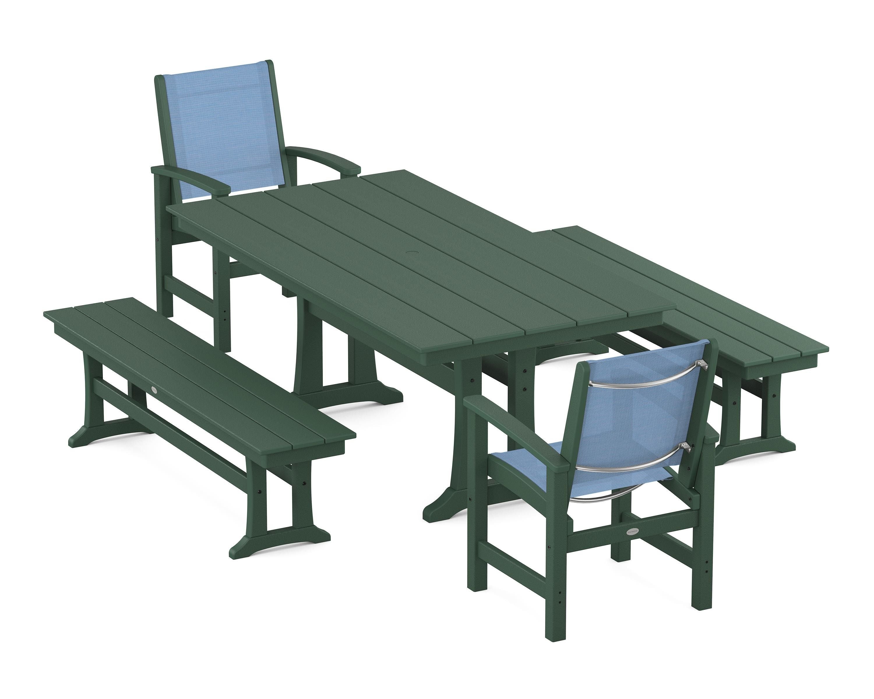 POLYWOOD® Coastal 5-Piece Farmhouse Dining Set with Trestle Legs and Benches in Green / Poolside Sling