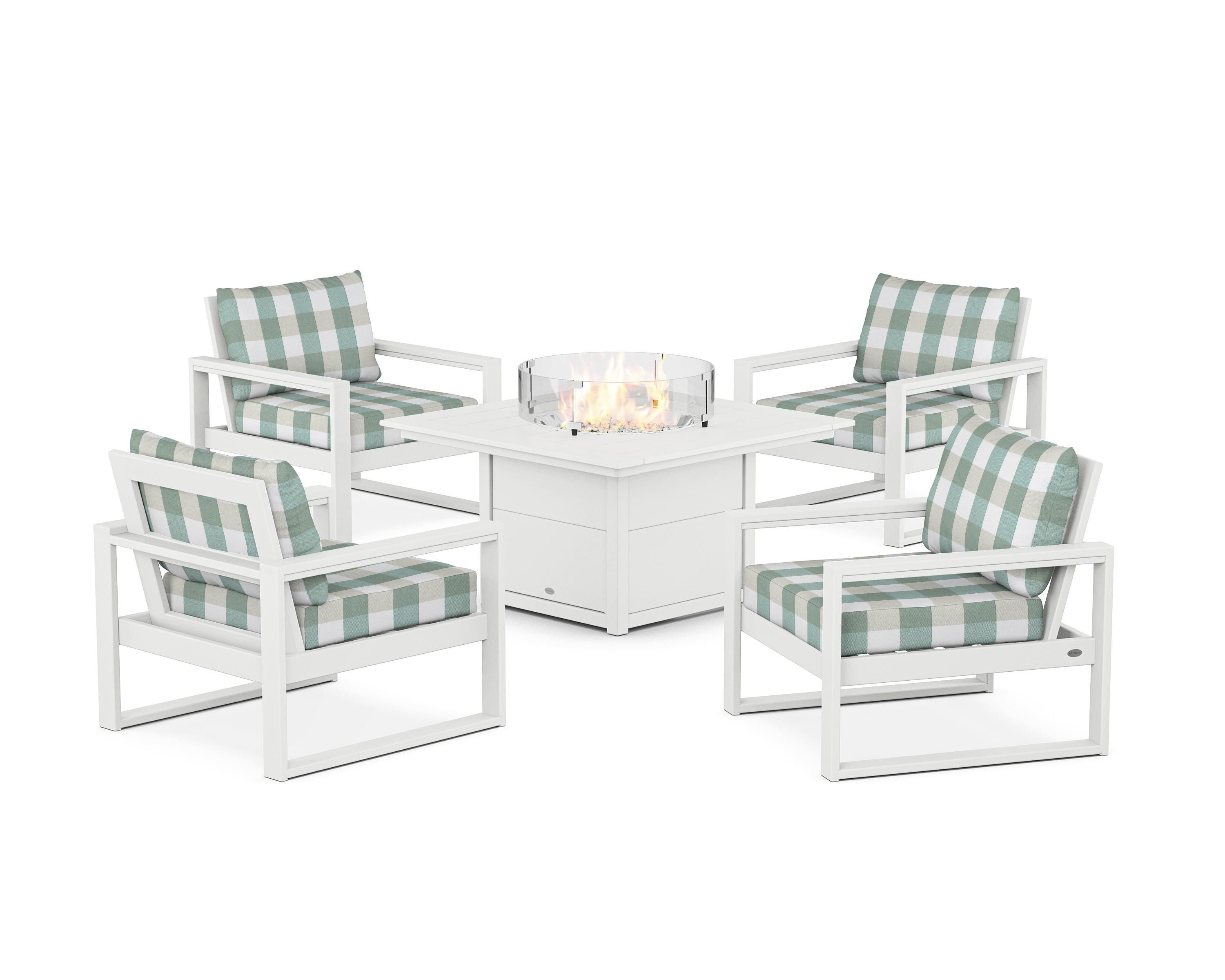 POLYWOOD® EDGE Sectional 5-Piece Deep Seating Set with Fire Pit Table in White / Buffalo Plaid Glacier Spa