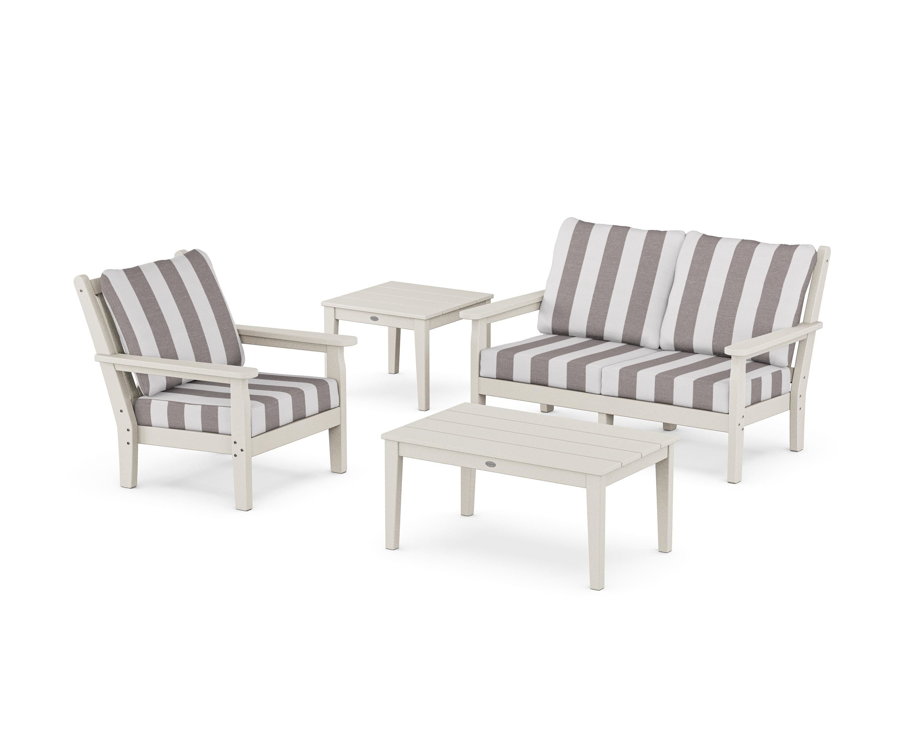 POLYWOOD® Chippendale 4-Piece Deep Seating Set in Sand / Cabana Stripe Grey Mist
