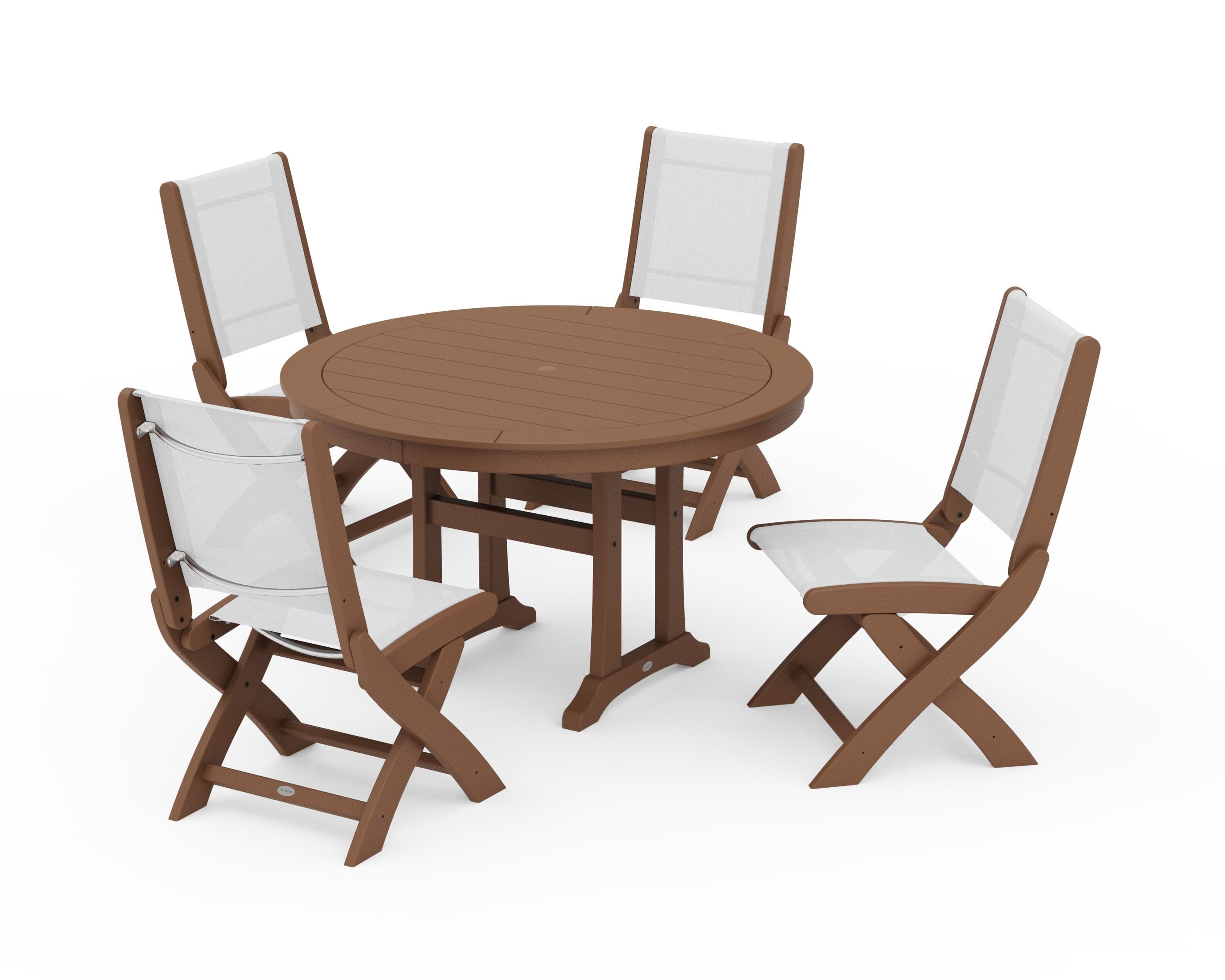 POLYWOOD® Coastal Folding Side Chair 5-Piece Round Dining Set With Trestle Legs in Teak / White Sling