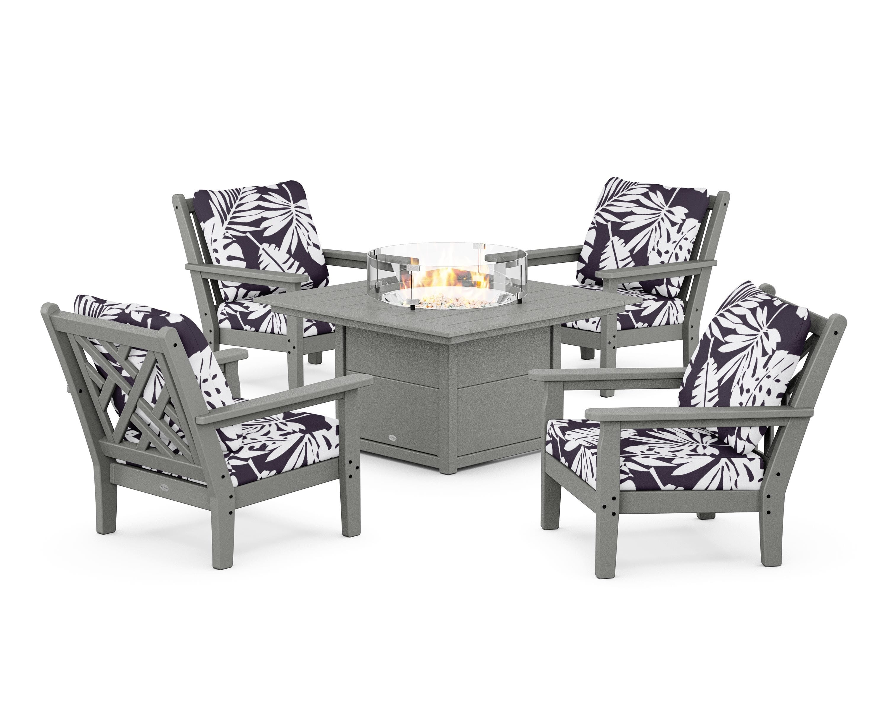 POLYWOOD® Chippendale 5-Piece Deep Seating Set with Fire Pit Table in Slate Grey / Leaf Navy