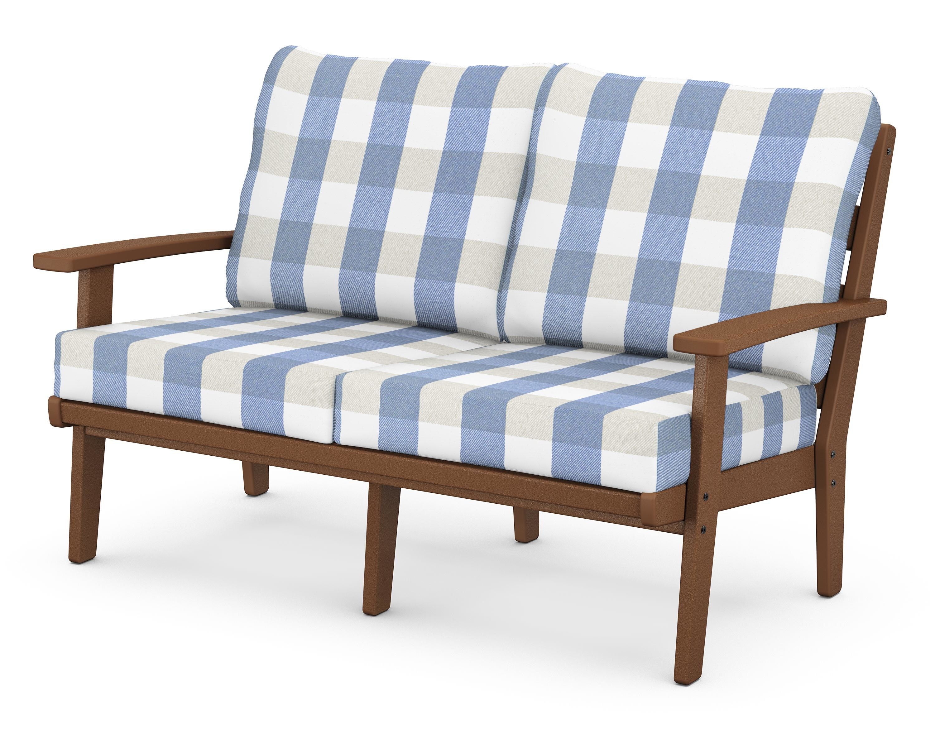 POLYWOOD® Grant Park Deep Seating Loveseat in Teak / Buffalo Plaid Sky Blue