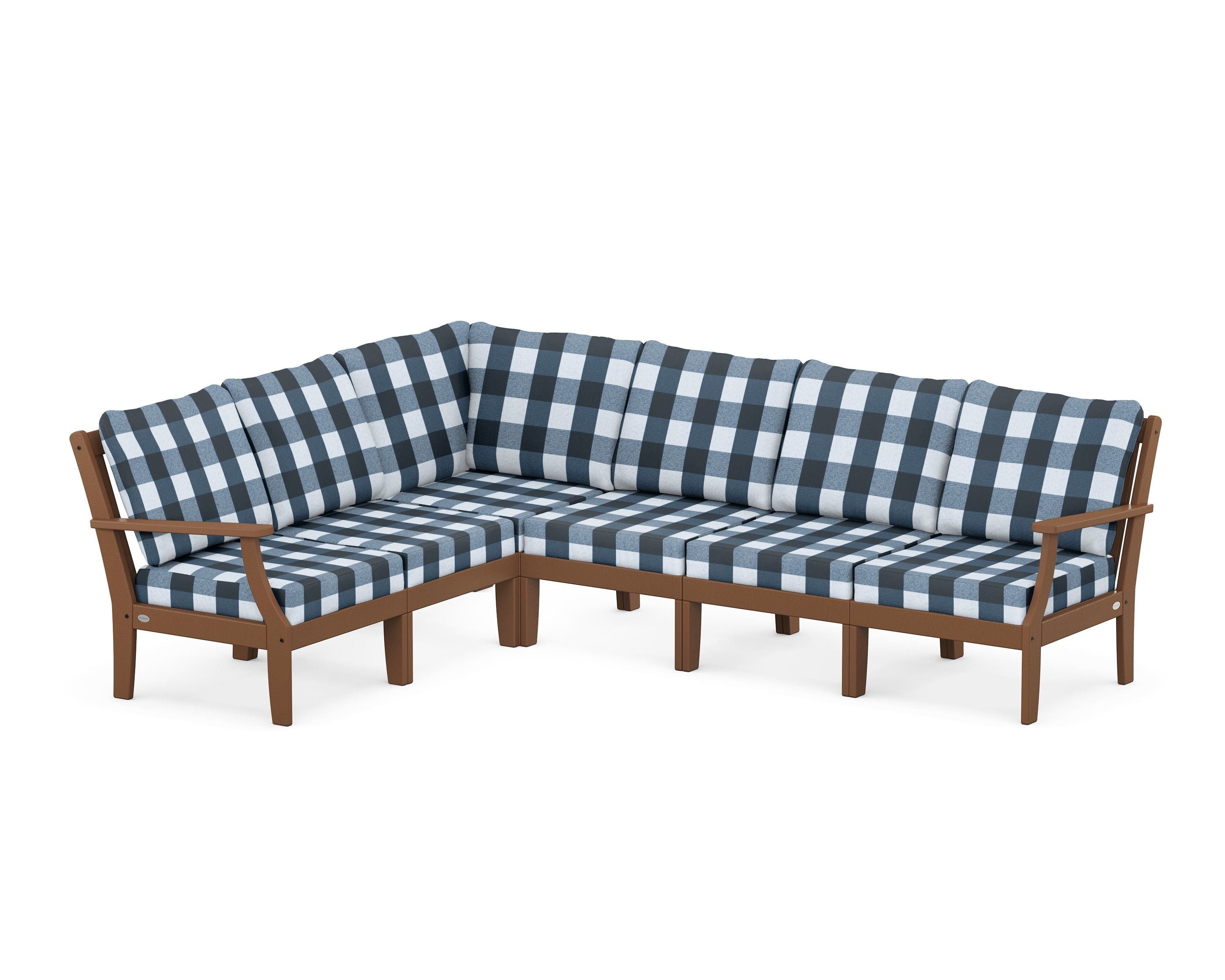 POLYWOOD® Braxton Modular 6-Piece Deep Seating Set in Teak / Buffalo Plaid Marine Indigo
