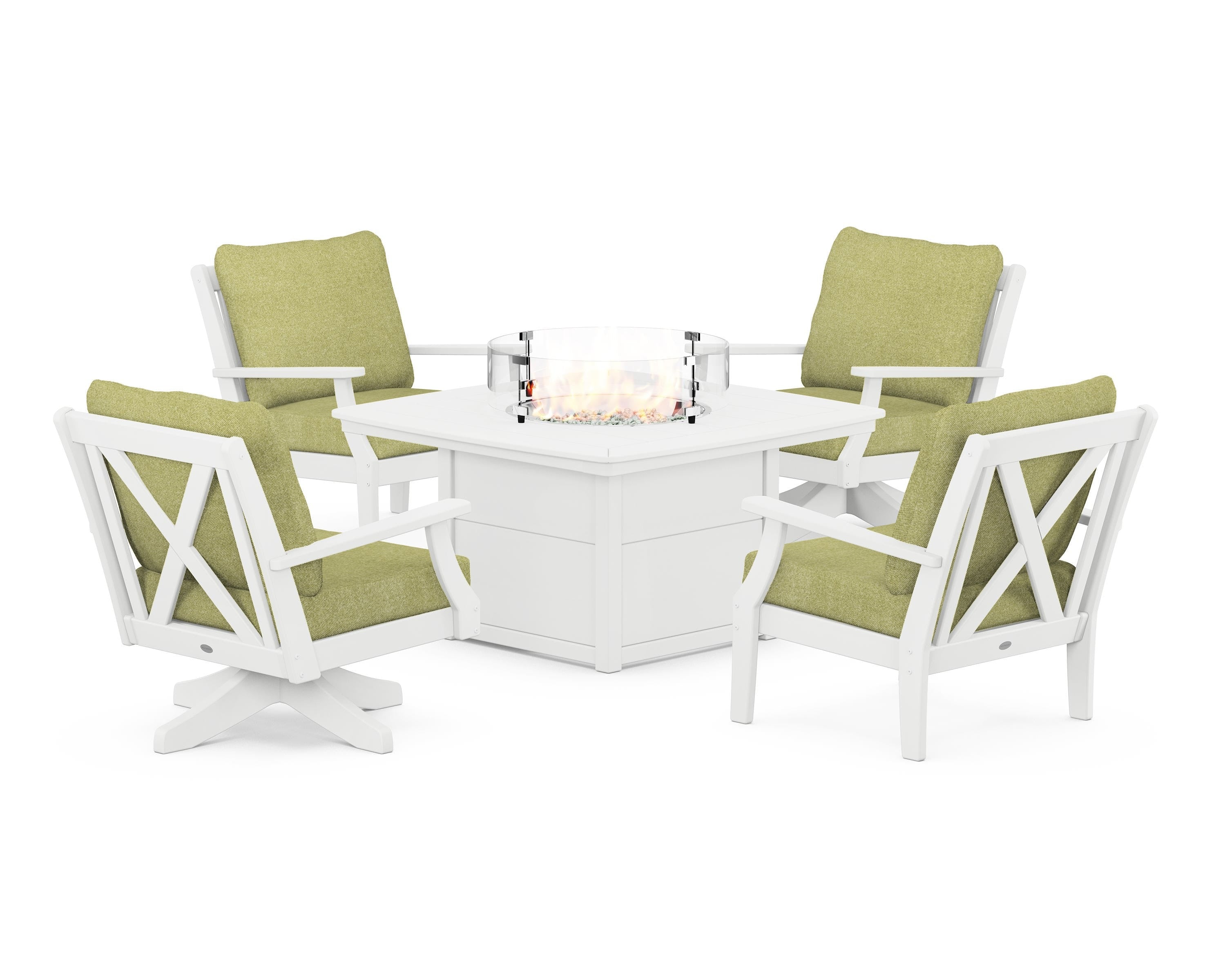 POLYWOOD® Braxton 5-Piece Deep Seating Set with Fire Table in White / Chartreuse Boucle