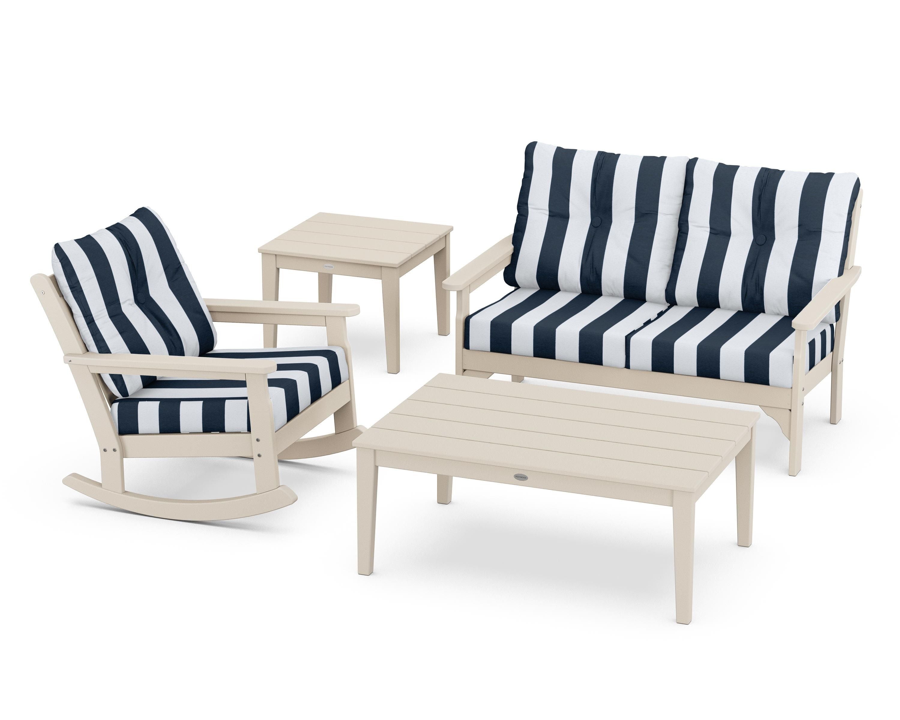 POLYWOOD® Vineyard 4-Piece Deep Seating Rocker Set in Sand / Cabana Stripe Marine Indigo