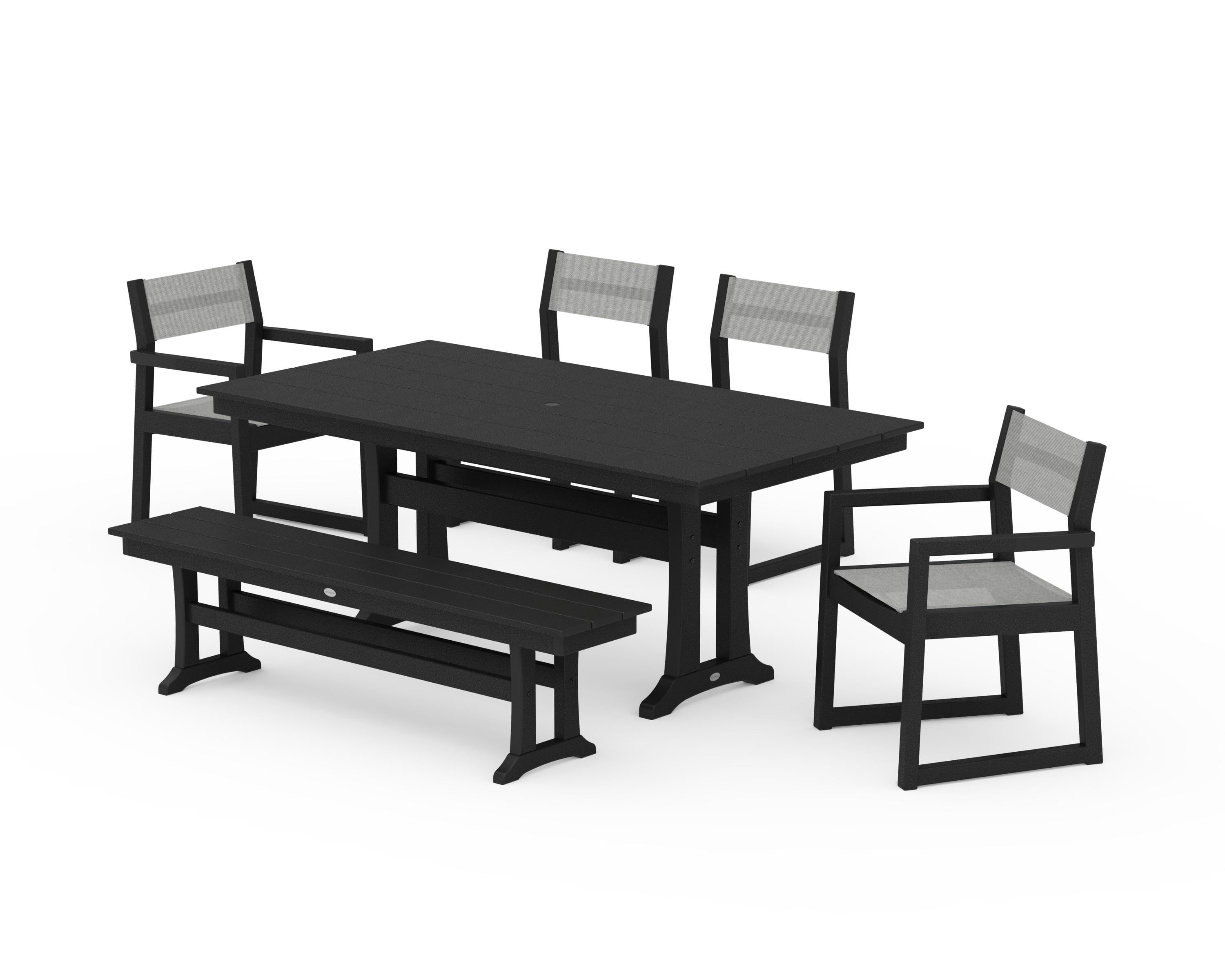POLYWOOD® EDGE Sling 6-Piece Farmhouse Dining Set With Trestle Legs in Black / Metallic Sling