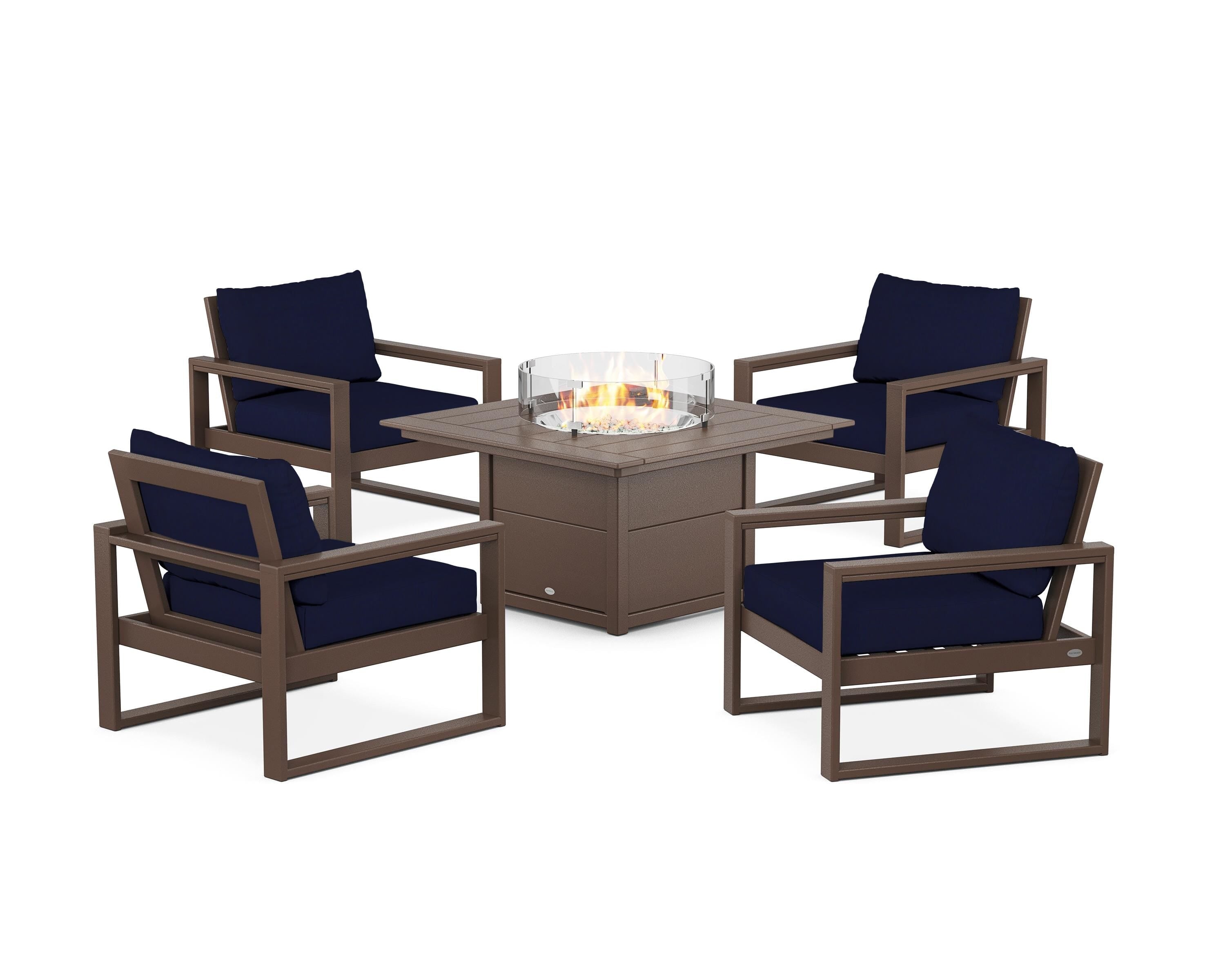 POLYWOOD® EDGE Sectional 5-Piece Deep Seating Set with Fire Pit Table in Mahogany / Navy