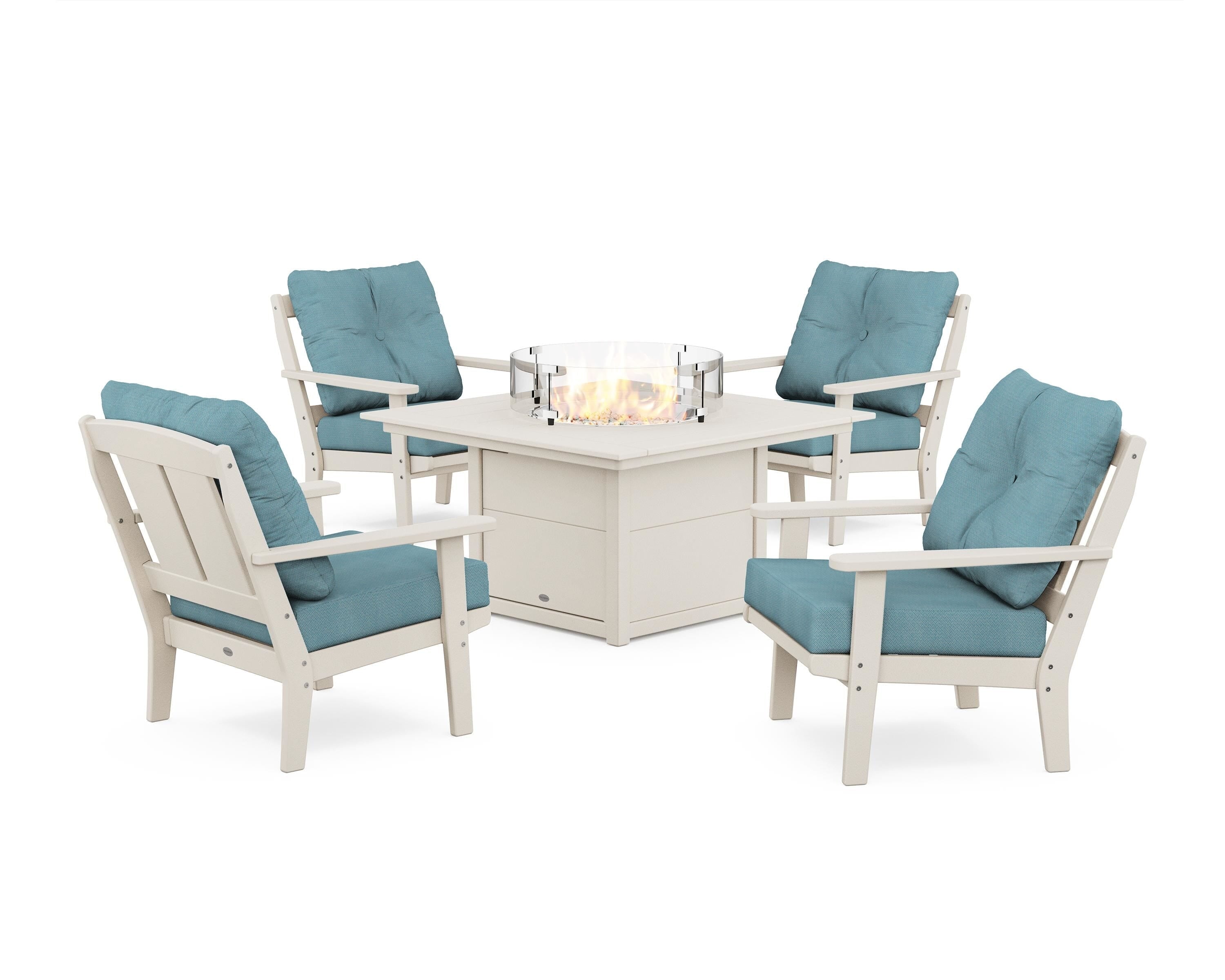 POLYWOOD® Mission 5-Piece Deep Seating Set with Fire Pit Table in Sand / Lattice Sky Blue