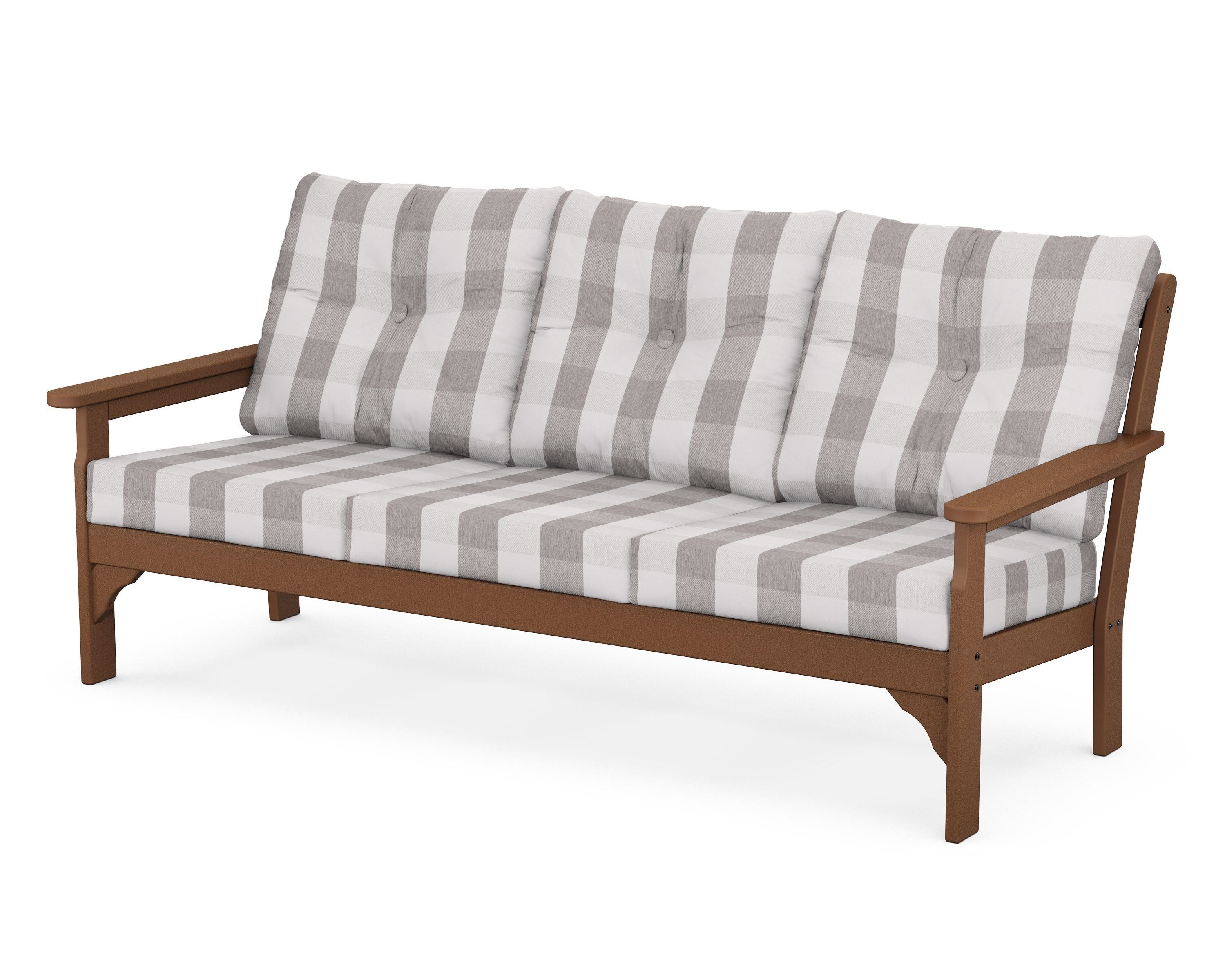 POLYWOOD® Vineyard Deep Seating Sofa in Teak / Buffalo Plaid Grey Mist