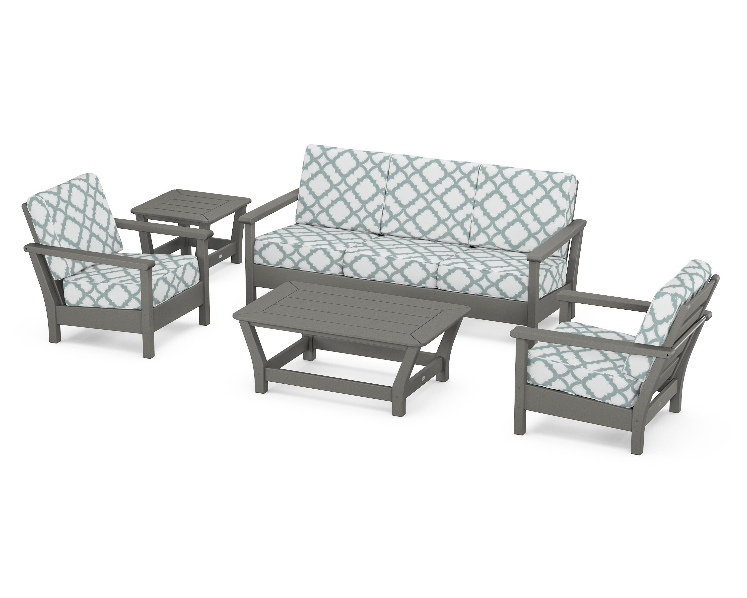 POLYWOOD® Harbour 5-Piece Deep Seating Set in Slate Grey / Trellis Glacier Spa