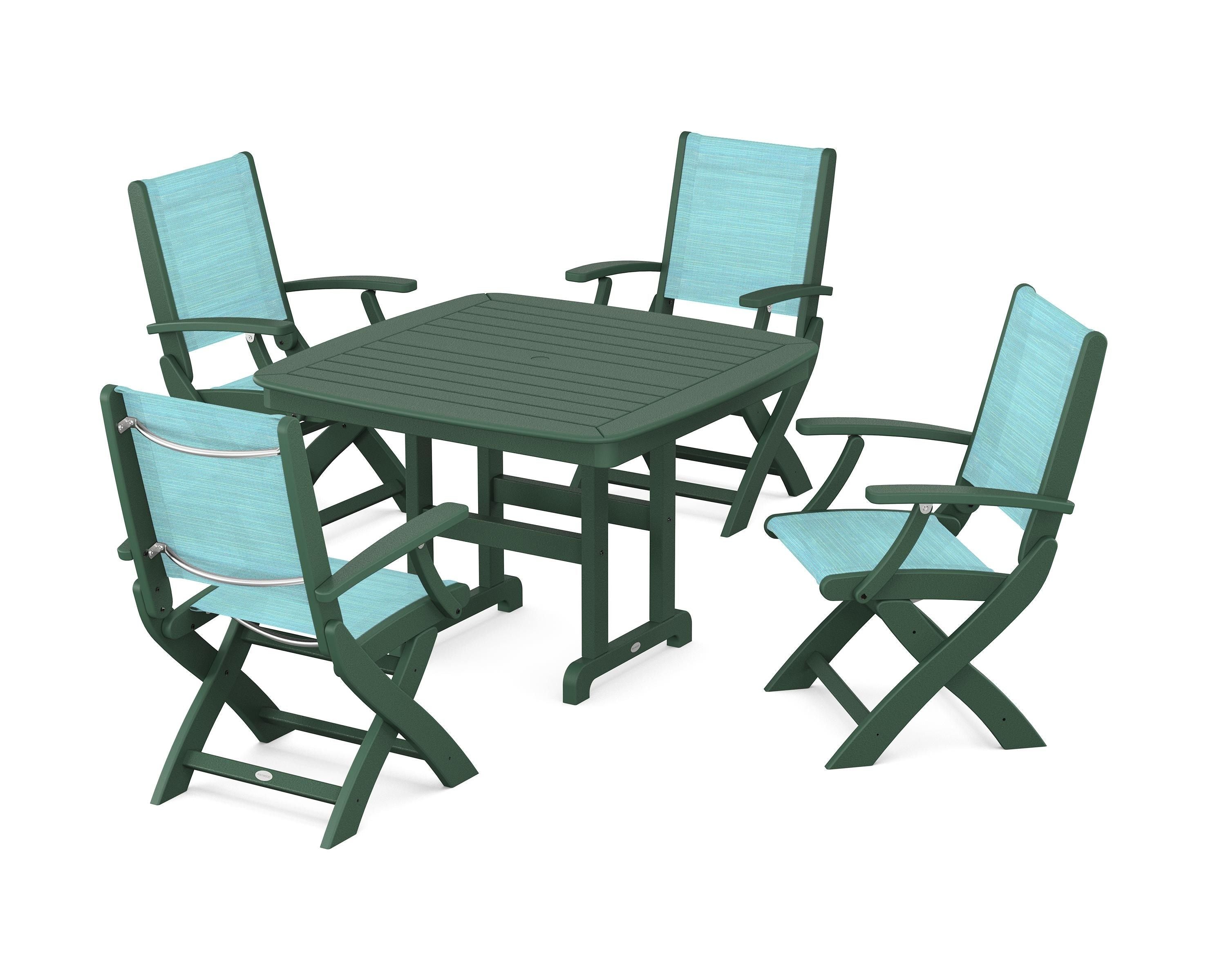 POLYWOOD® Coastal Folding Chair 5-Piece Dining Set in Green / Dupioni Aquamarine Sling