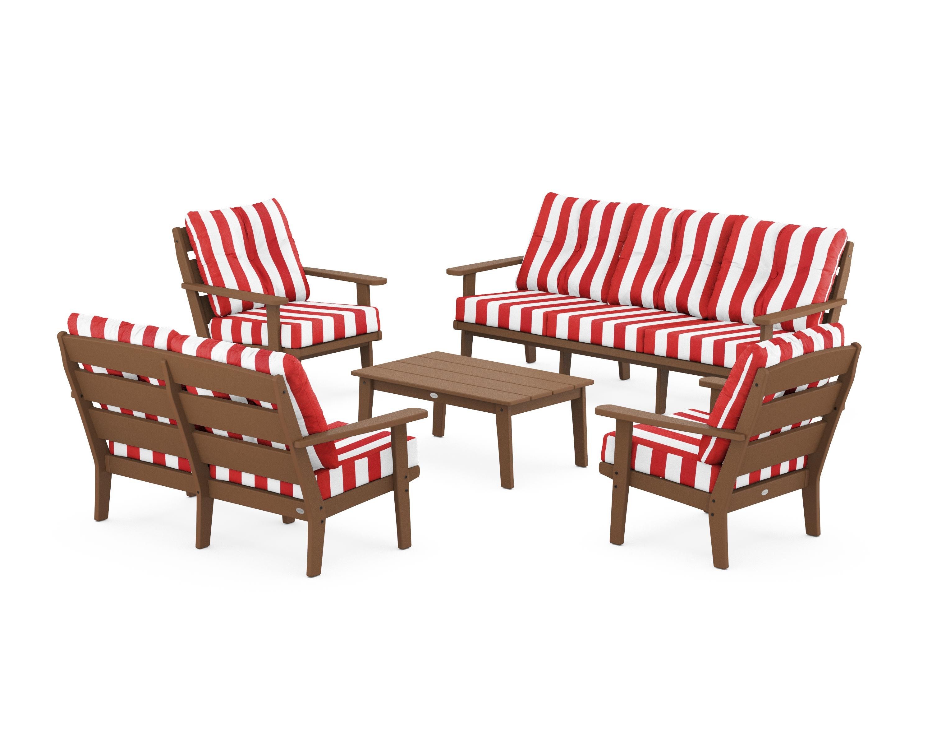 POLYWOOD® Lakeside 5-Piece Lounge Sofa Set in Teak / Cabana Stripe Crimson