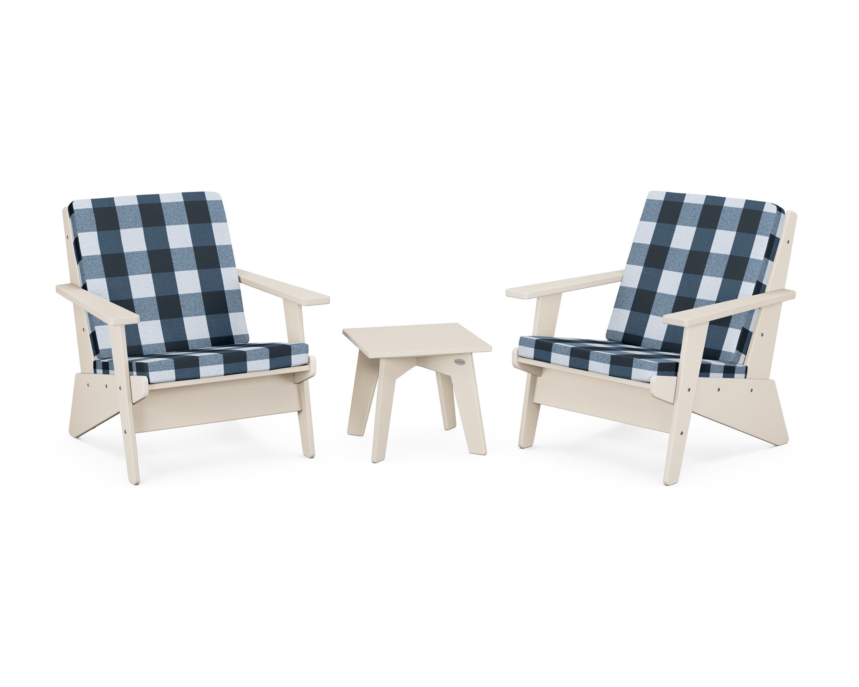 POLYWOOD® Riviera Modern Lounge 3-Piece Set in Sand / Buffalo Plaid Marine Indigo