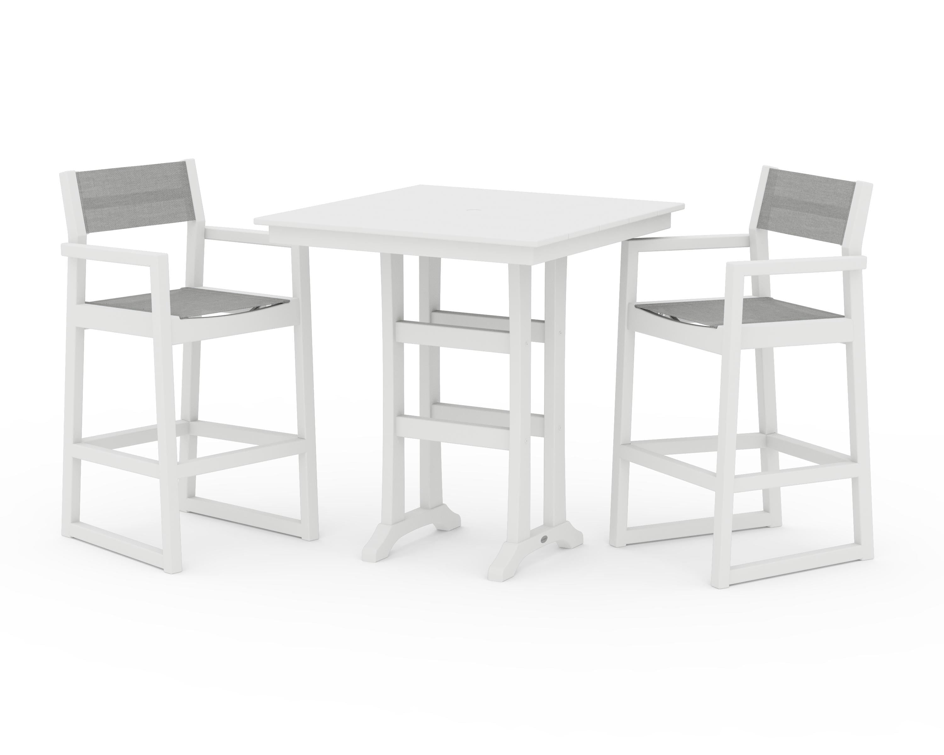 POLYWOOD® EDGE Sling Arm Chair 3-Piece Farmhouse Bar Set with Trestle Legs in White / Metallic Sling