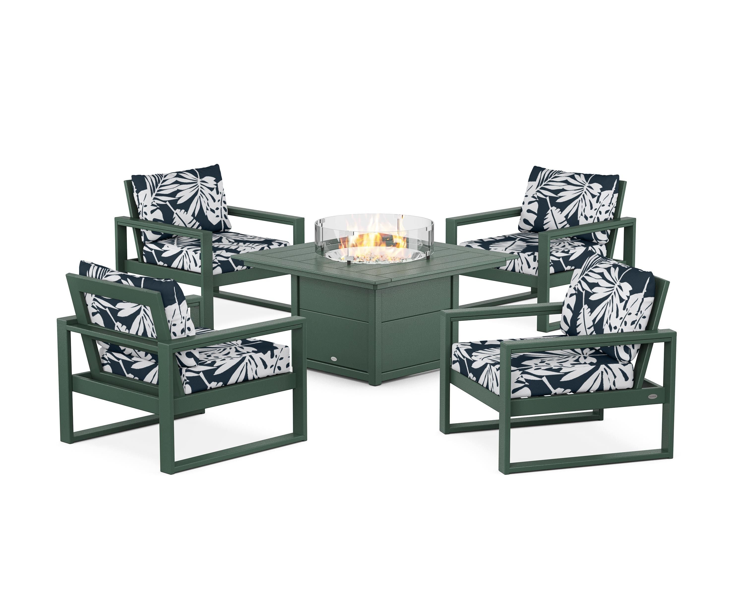 POLYWOOD® EDGE Sectional 5-Piece Deep Seating Set with Fire Pit Table in Green / Leaf Marine Indigo
