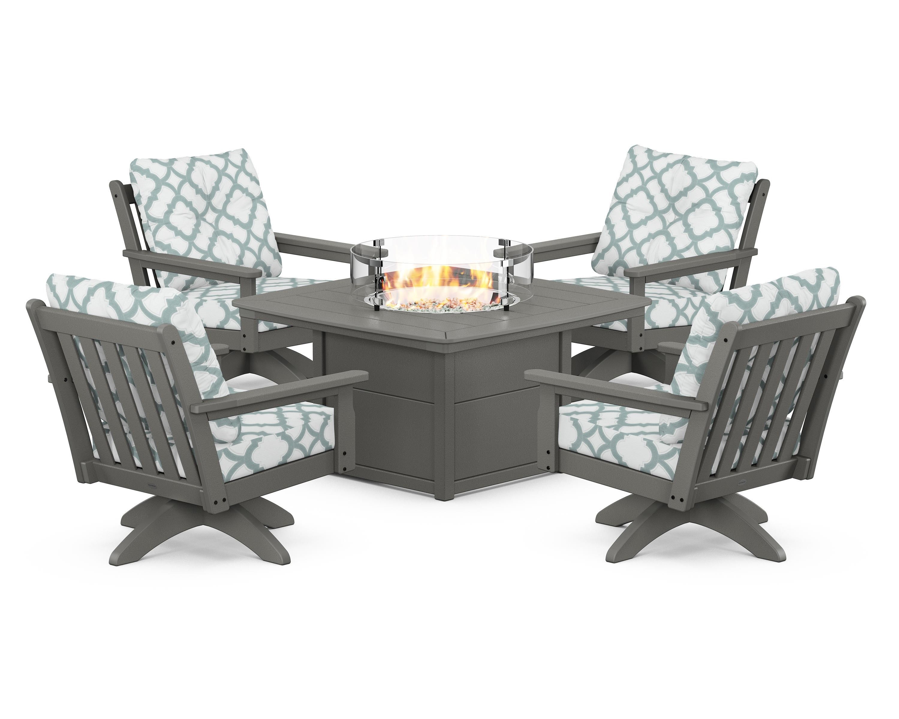 POLYWOOD® Vineyard 5-Piece Deep Seating Swivel Conversation Set with Fire Pit Table in Slate Grey / Trellis Glacier Spa