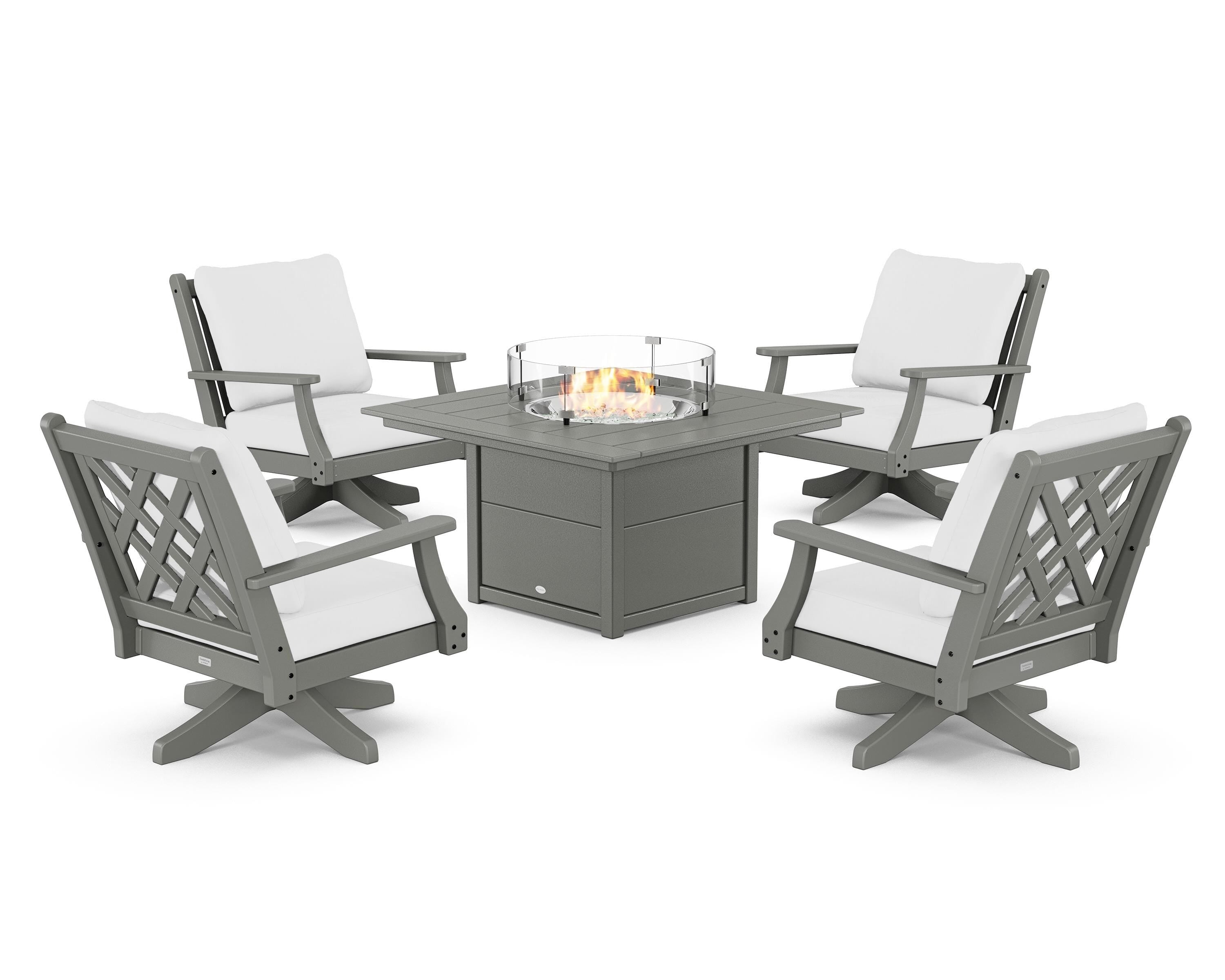 Country Living Wovendale 5-Piece Deep Seating Swivel Conversation Set with Fire Pit Table in Slate Grey / Natural