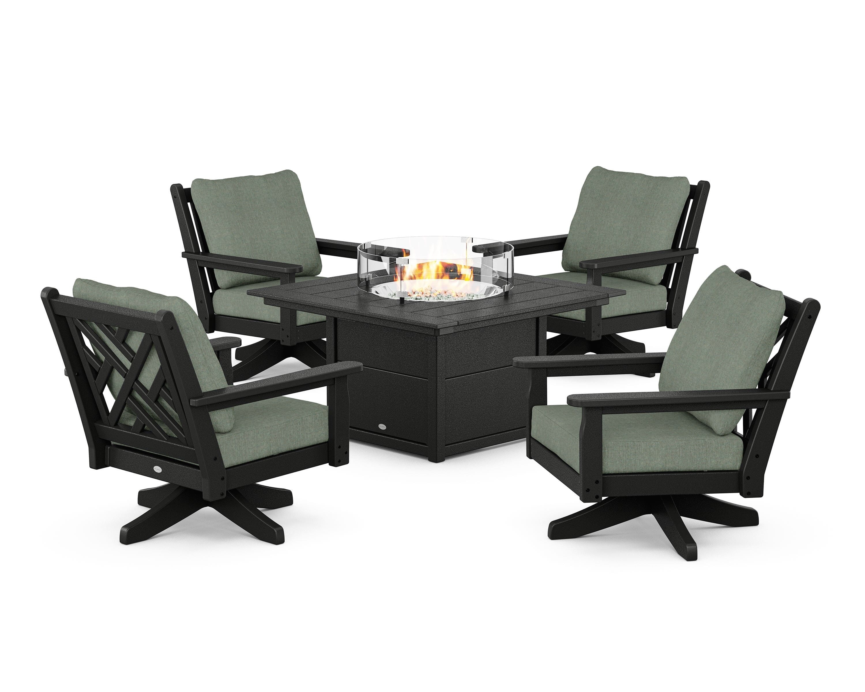 POLYWOOD® Chippendale 5-Piece Deep Seating Swivel Conversation Set with Fire Pit Table in Black / Cast Sage