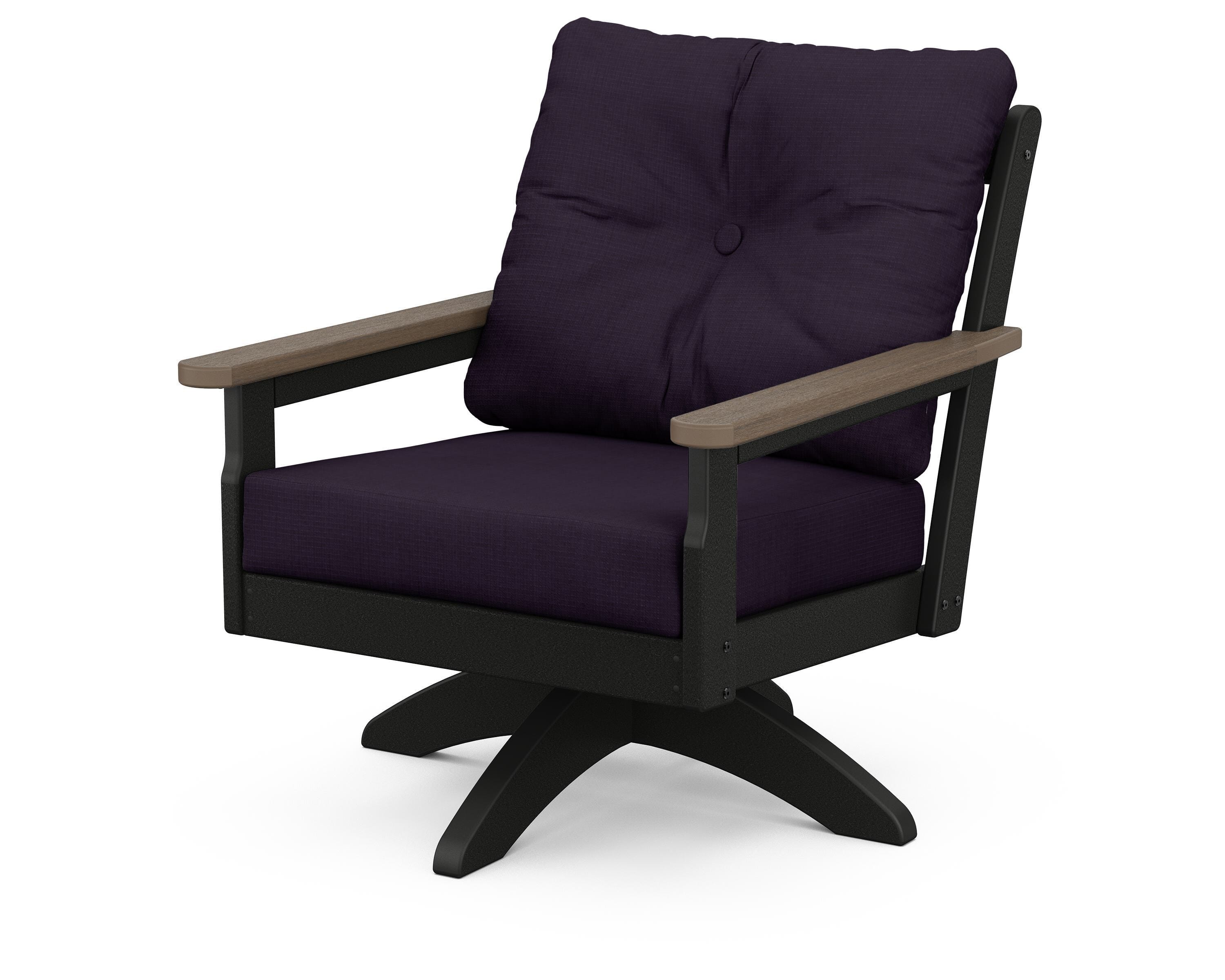 POLYWOOD® Vineyard Deep Seating Swivel Chair in Black / Kona / Navy Linen
