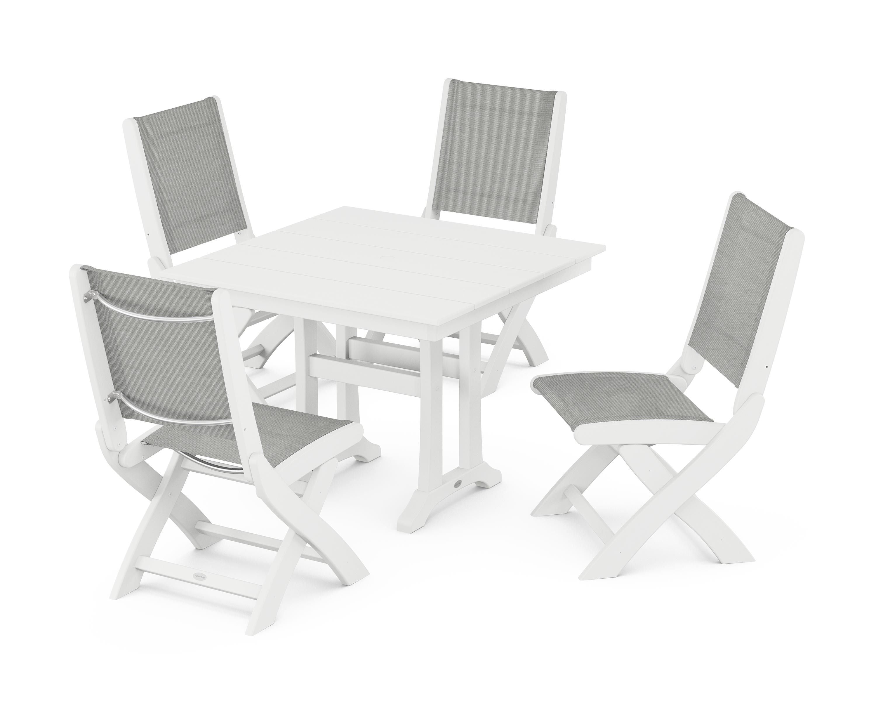 POLYWOOD® Coastal Folding Side Chair 5-Piece Farmhouse Dining Set With Trestle Legs in White / Metallic Sling