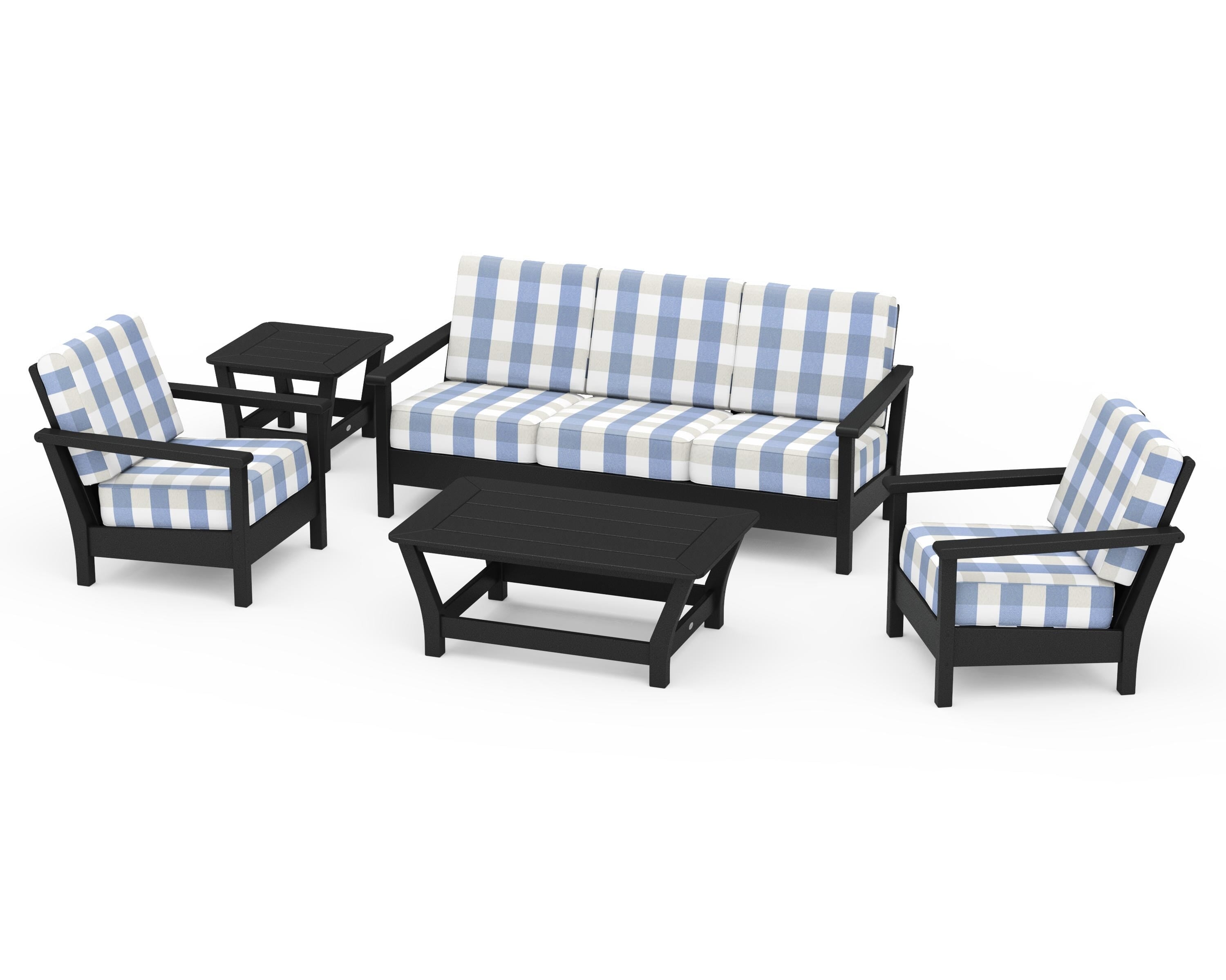 POLYWOOD® Harbour 5-Piece Deep Seating Set in Black / Buffalo Plaid Sky Blue
