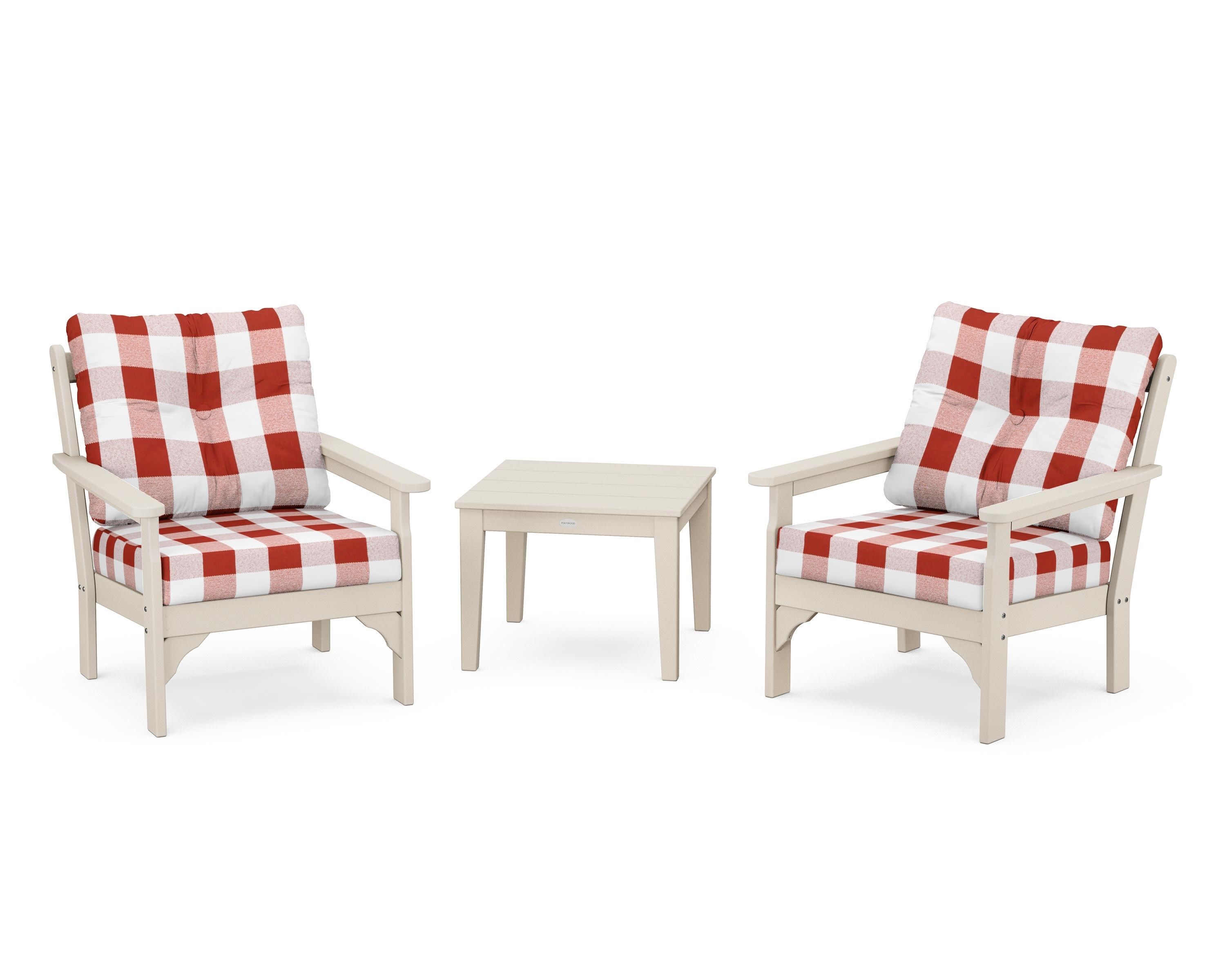 POLYWOOD® Vineyard 3-Piece Deep Seating Set in Sand / Buffalo Plaid Crimson