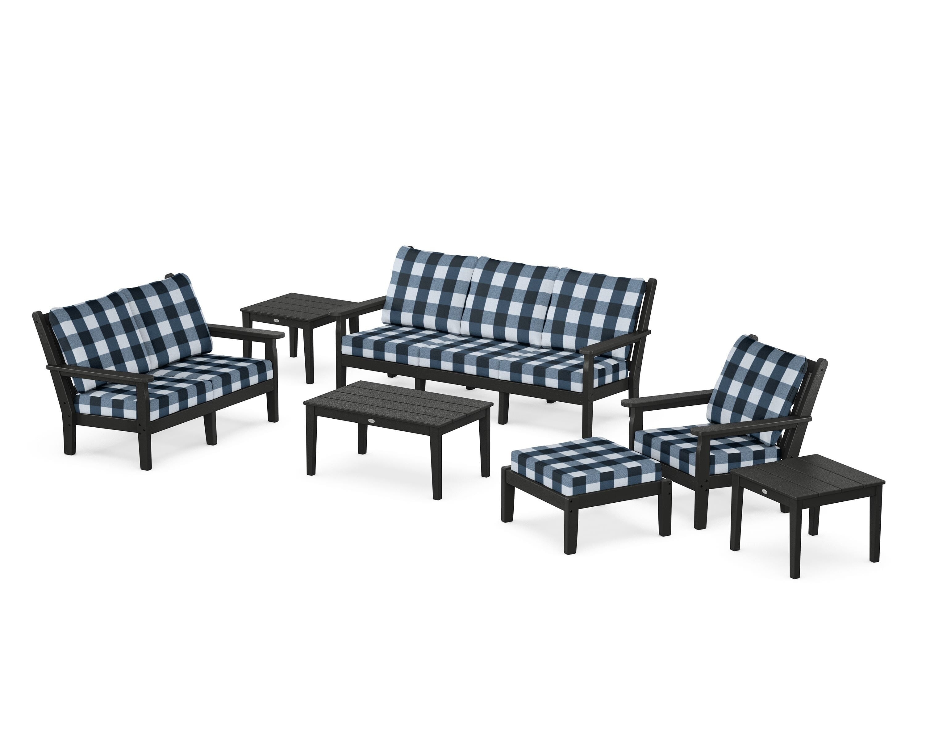 POLYWOOD® Chippendale 7-Piece Deep Seating Set in Black / Buffalo Plaid Marine Indigo