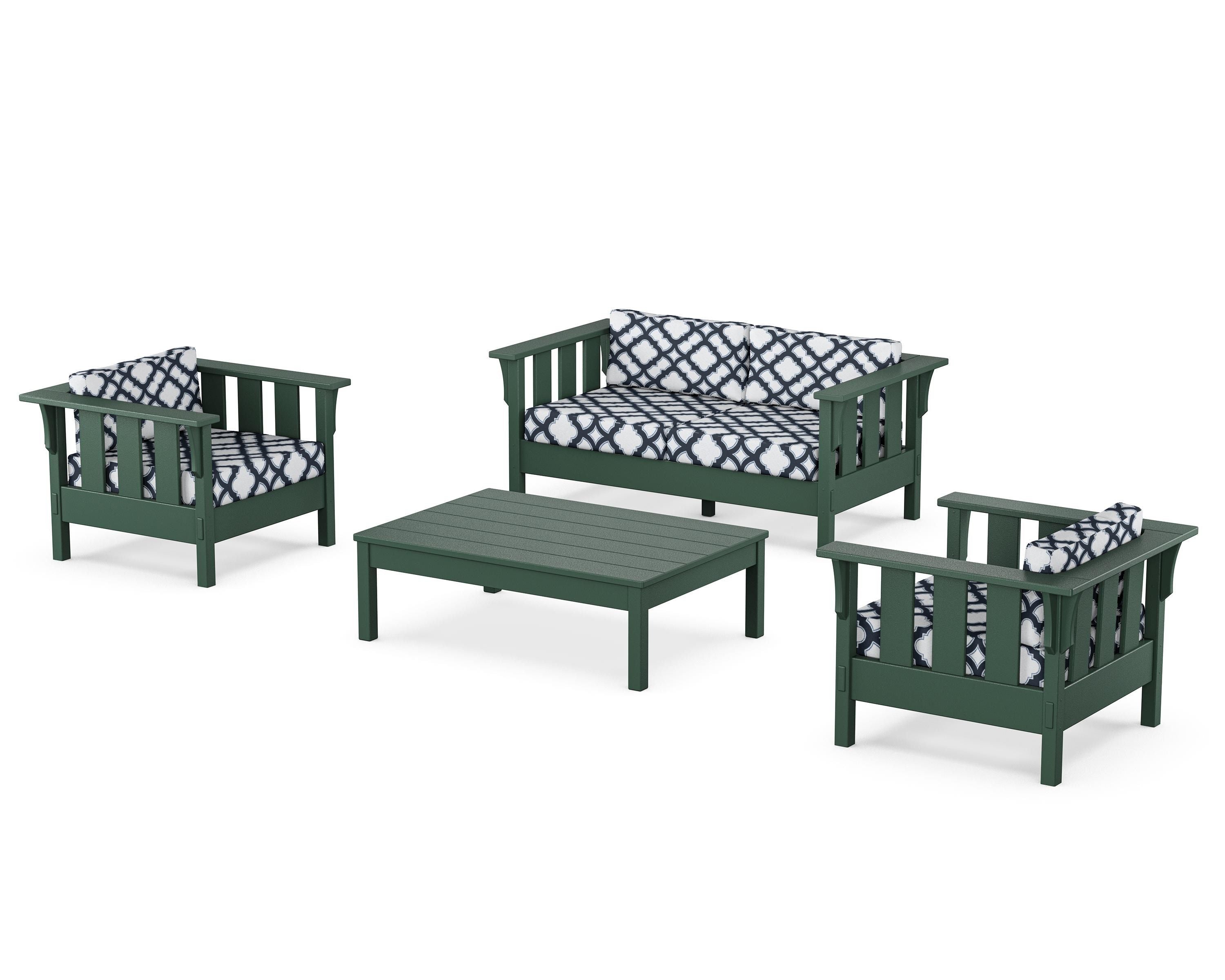 Martha Stewart by POLYWOOD® Acadia 4-Piece Deep Seating Set with Loveseat in Green / Trellis Marine Indigo