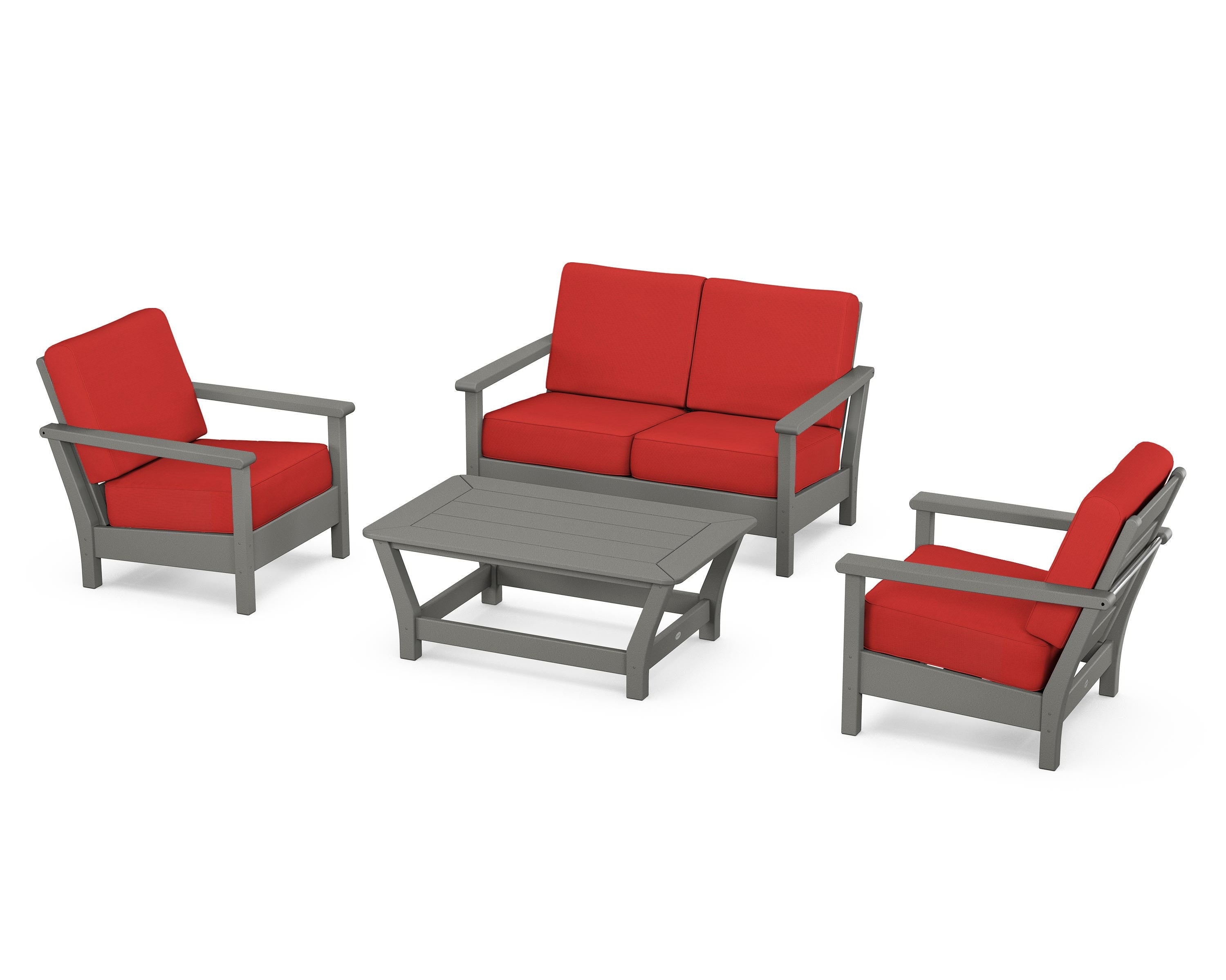 POLYWOOD® Harbour 4-Piece Deep Seating Set in Slate Grey / Crimson Linen