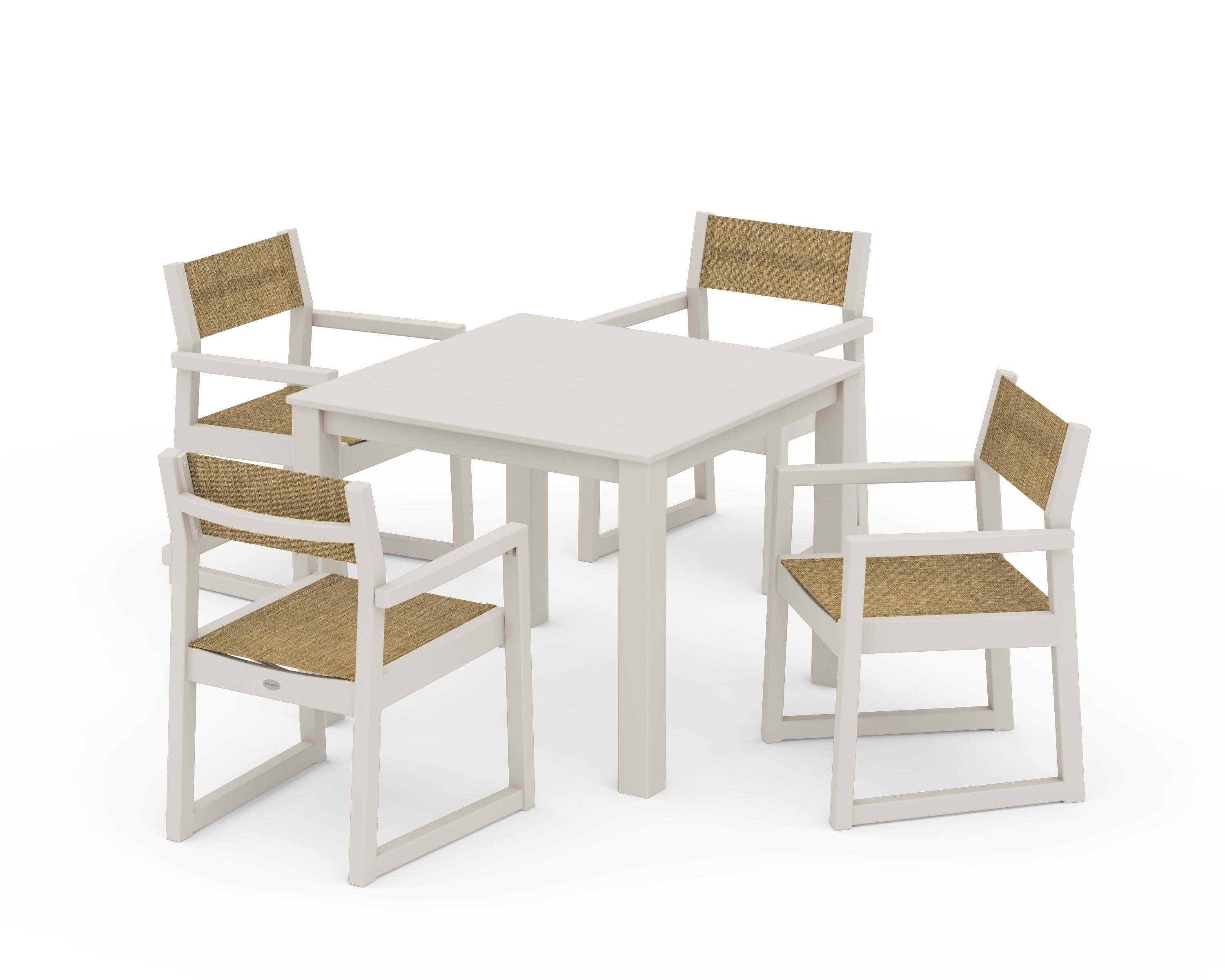 POLYWOOD® EDGE Sling Arm Chair 5-Piece Parsons Dining Set in Sand / Burlap Sling