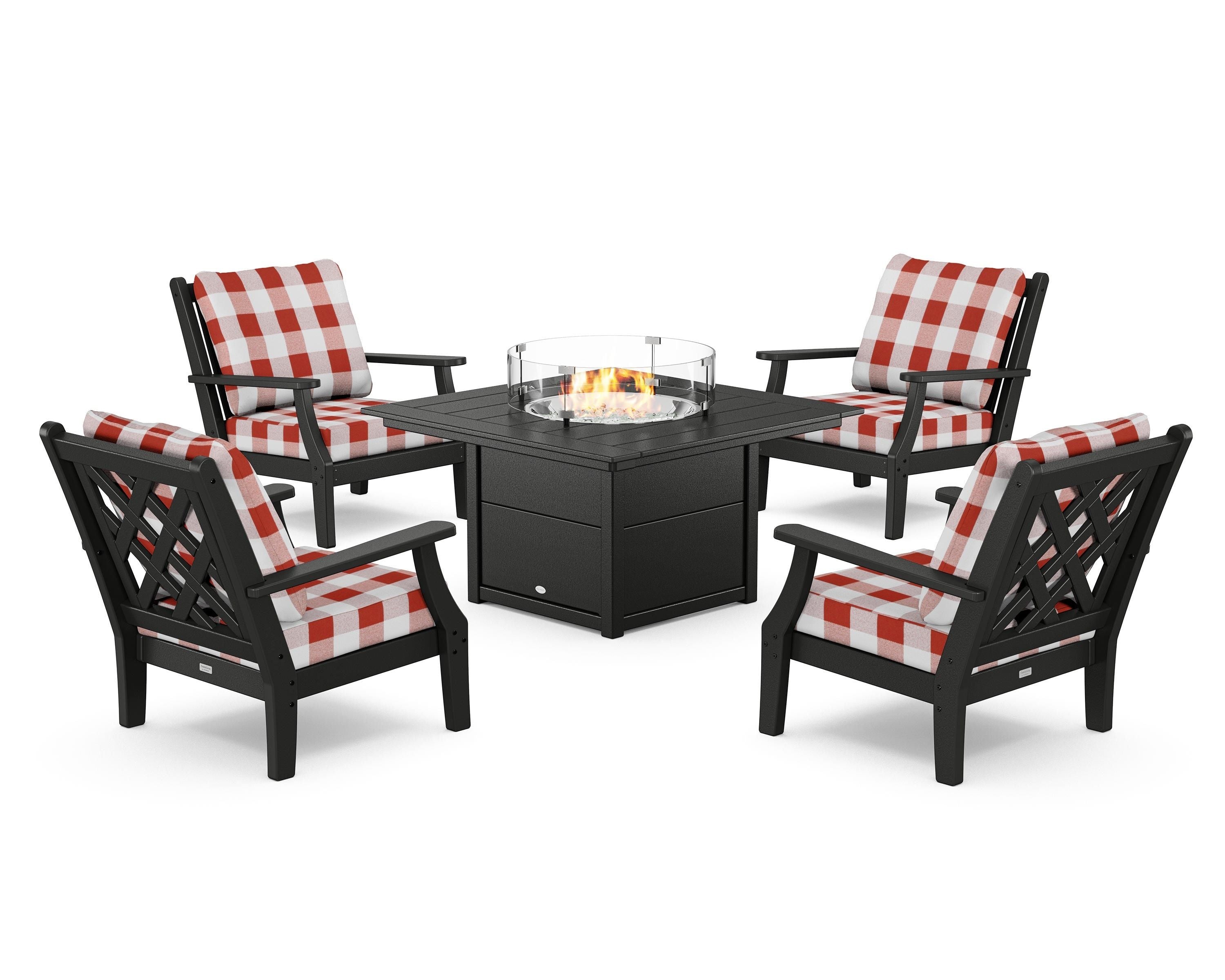 Country Living Wovendale 5-Piece Deep Seating Set with Fire Pit Table in Black / Buffalo Plaid Crimson