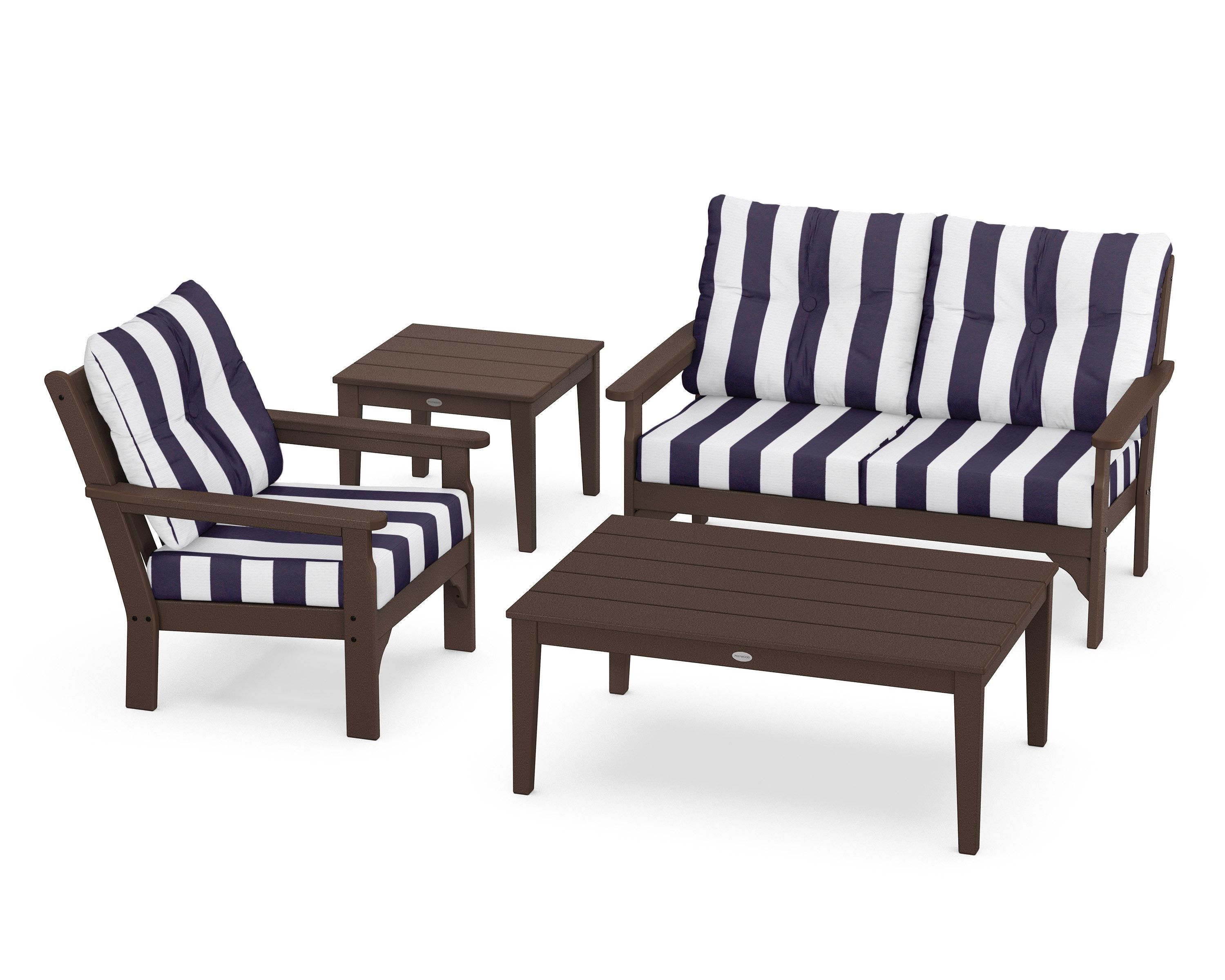 POLYWOOD® Vineyard 4-Piece Deep Seating Set in Mahogany / Cabana Stripe Navy