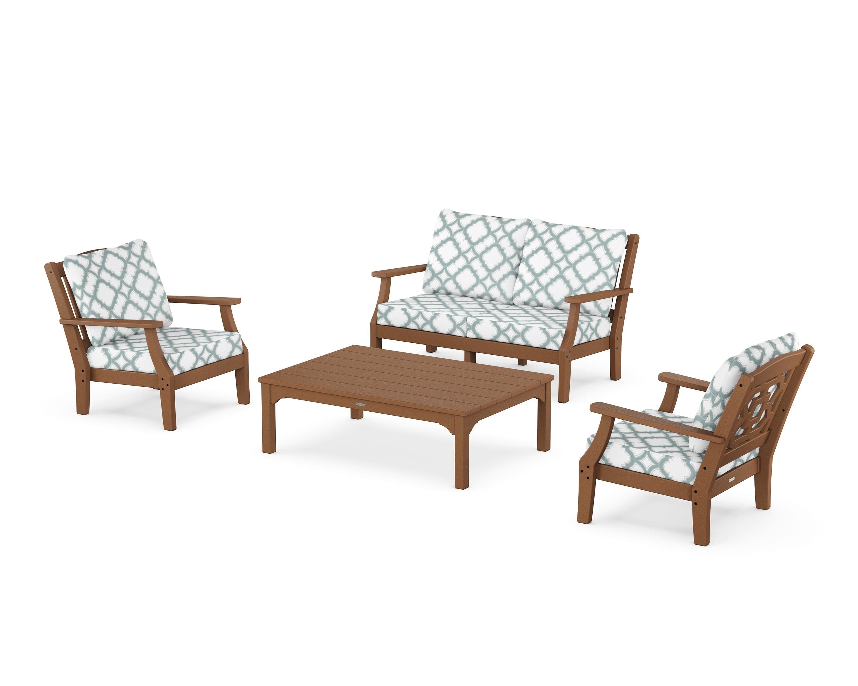 Martha Stewart by POLYWOOD® Chinoiserie 4-Piece Deep Seating Set with Loveseat in Teak / Trellis Glacier Spa