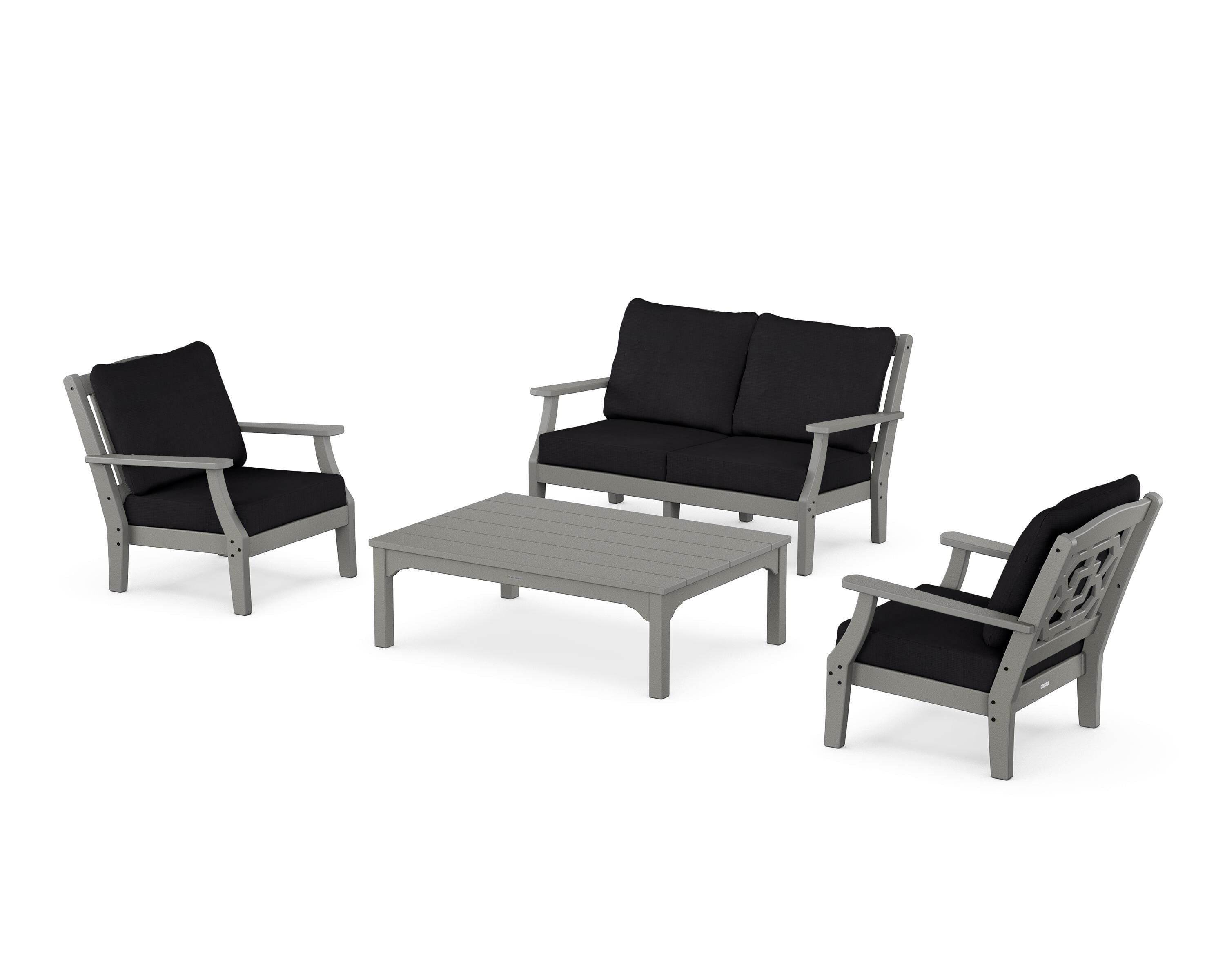Martha Stewart by POLYWOOD® Chinoiserie 4-Piece Deep Seating Set with Loveseat in Slate Grey / Midnight Linen