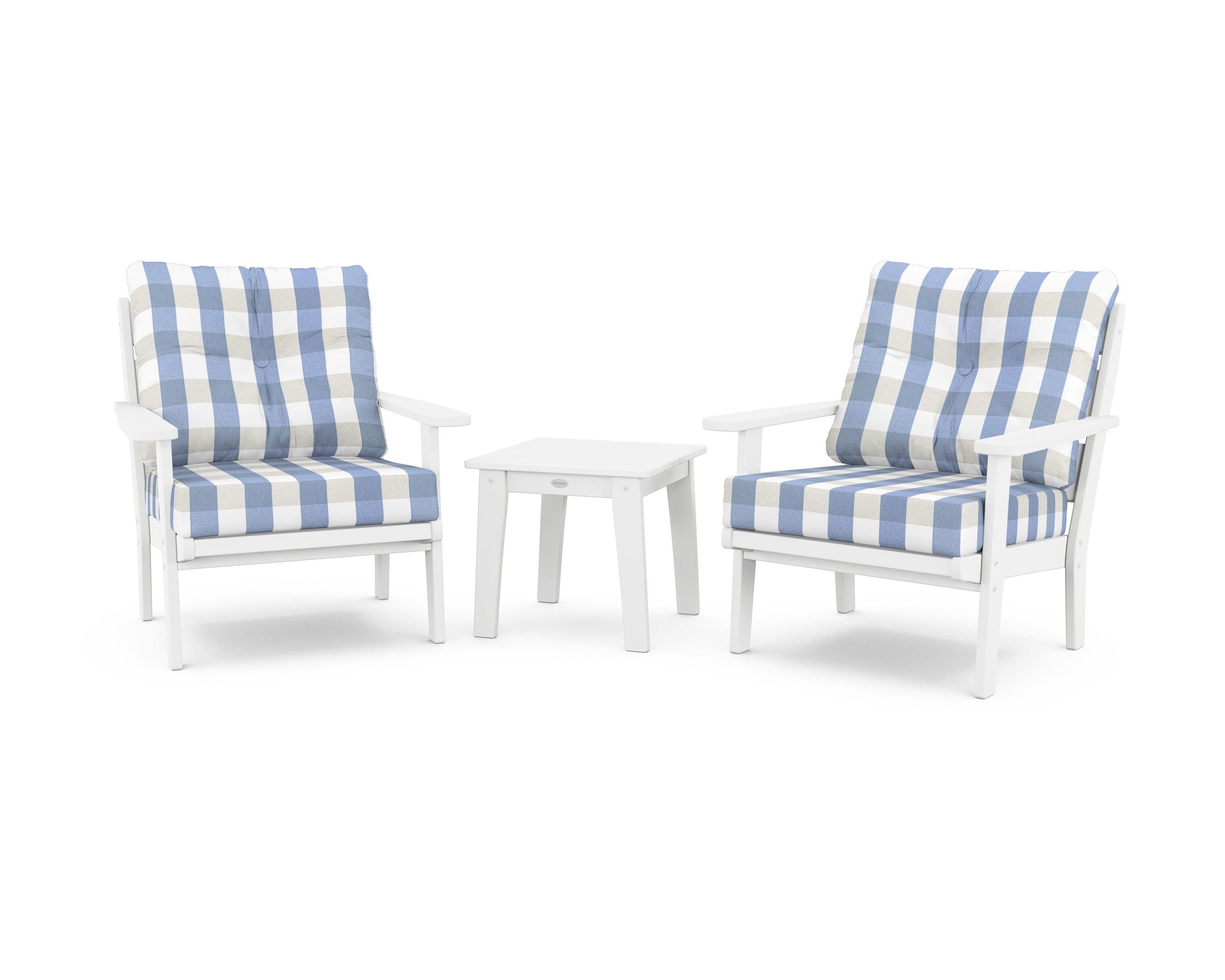POLYWOOD® Lakeside 3-Piece Deep Seating Chair Set in White / Buffalo Plaid Sky Blue