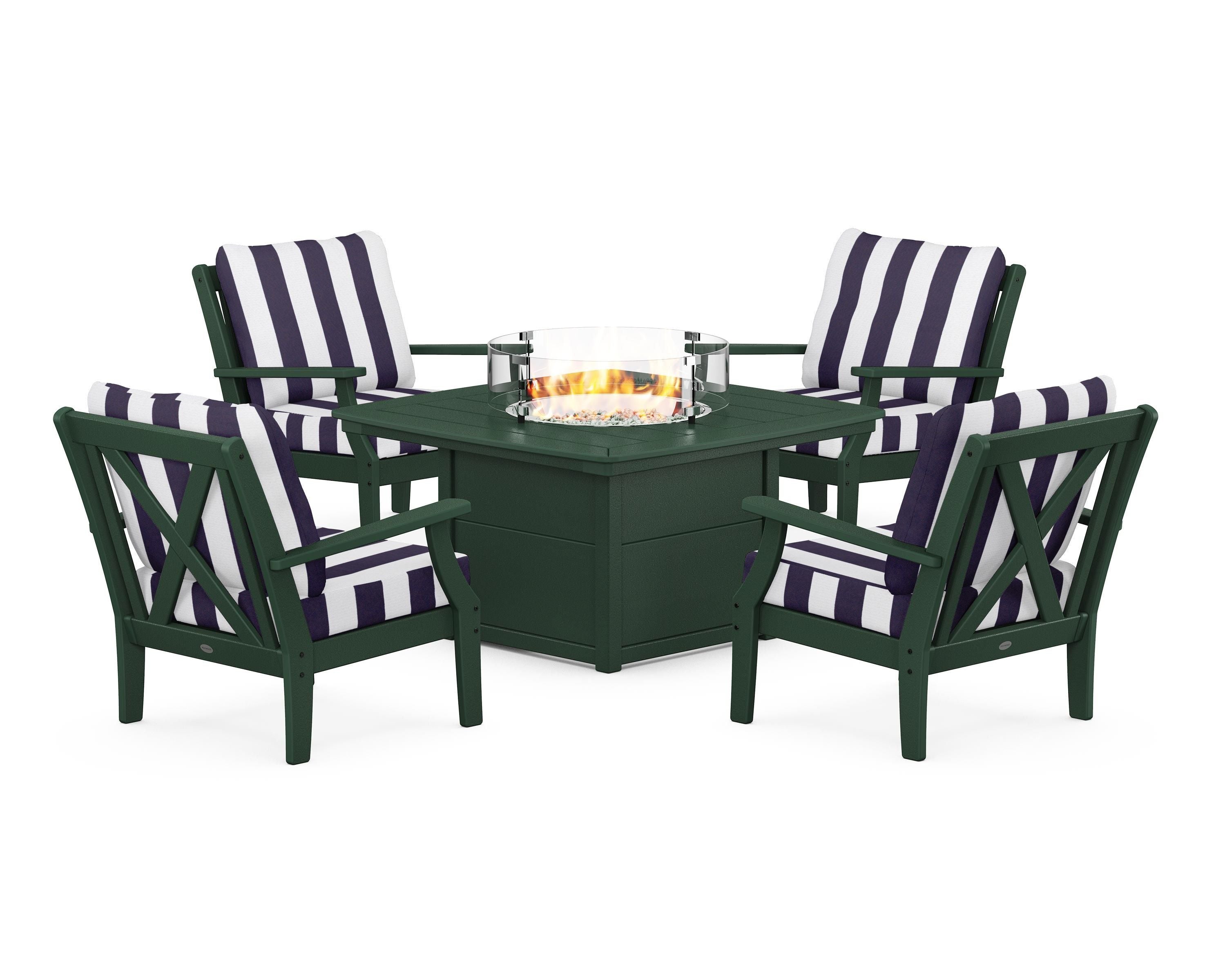 POLYWOOD® Braxton 5-Piece Deep Seating Conversation Set with Fire Pit Table in Green / Cabana Stripe Navy