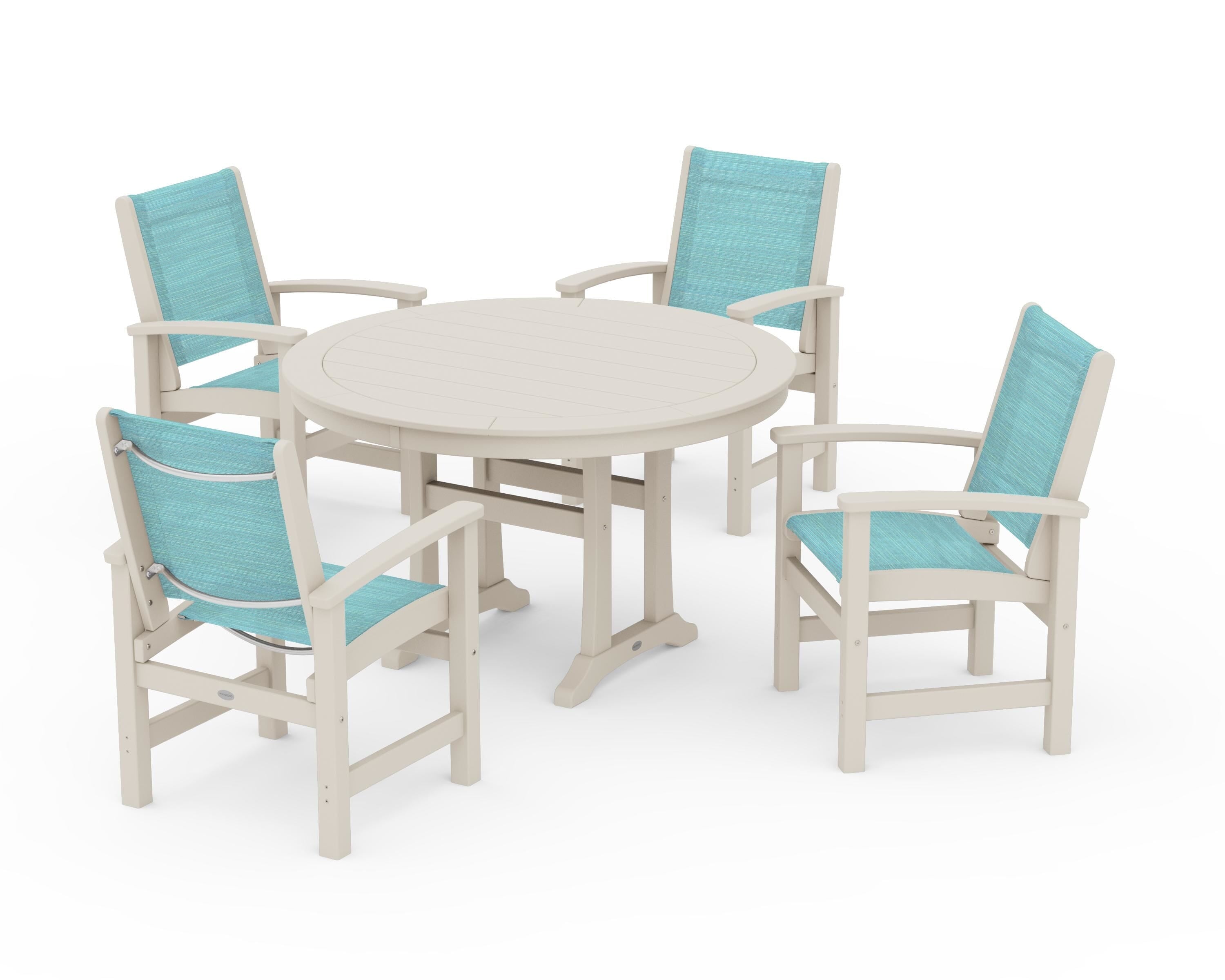 POLYWOOD® Coastal 5-Piece Round Dining Set with Trestle Legs in Sand / Dupioni Aquamarine Sling